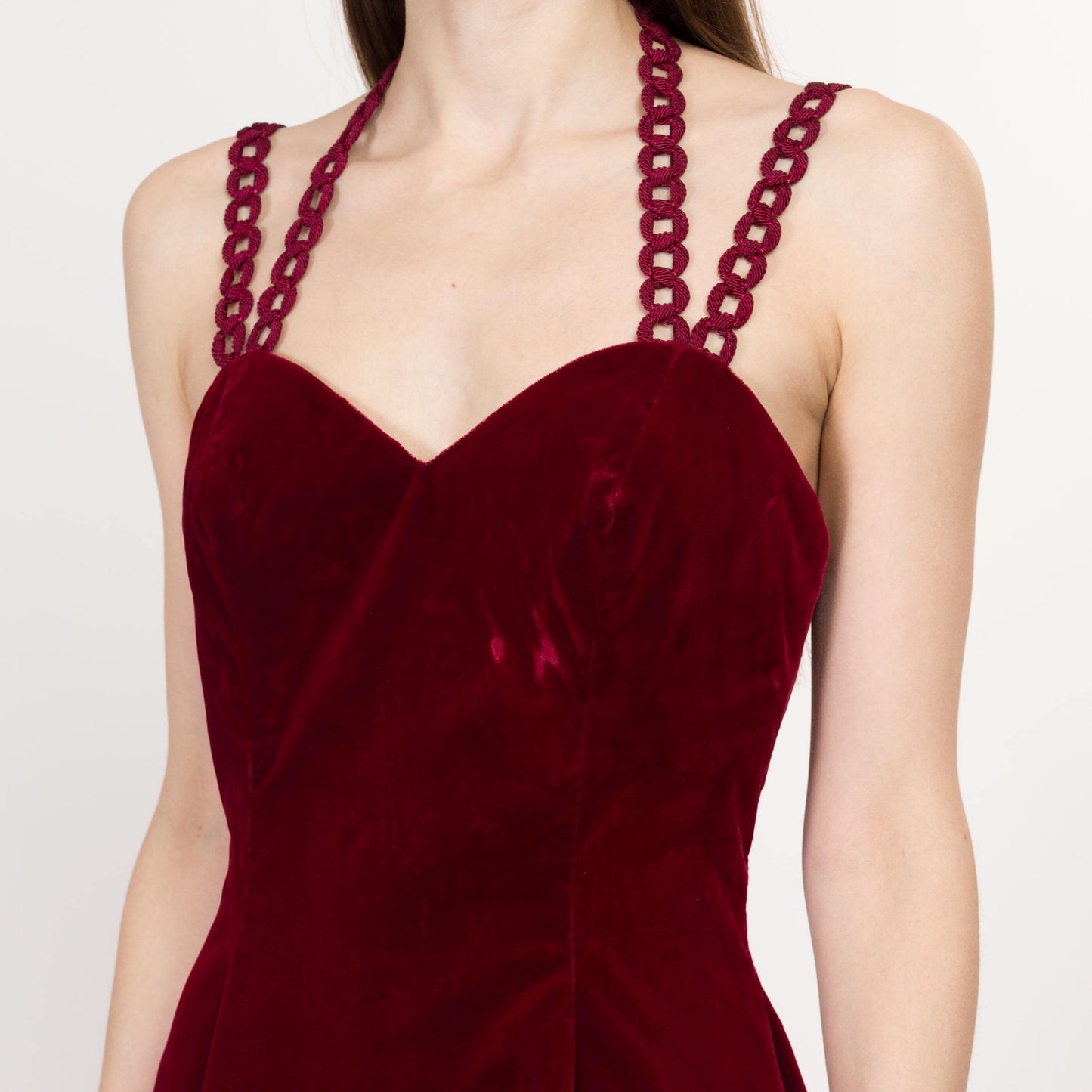 Small 80s Oxblood Red Velvet Chain Strap Party Dress | Vintage Zum Zum Low Back Sweetheart Neck Fit & Flare Mini Dress