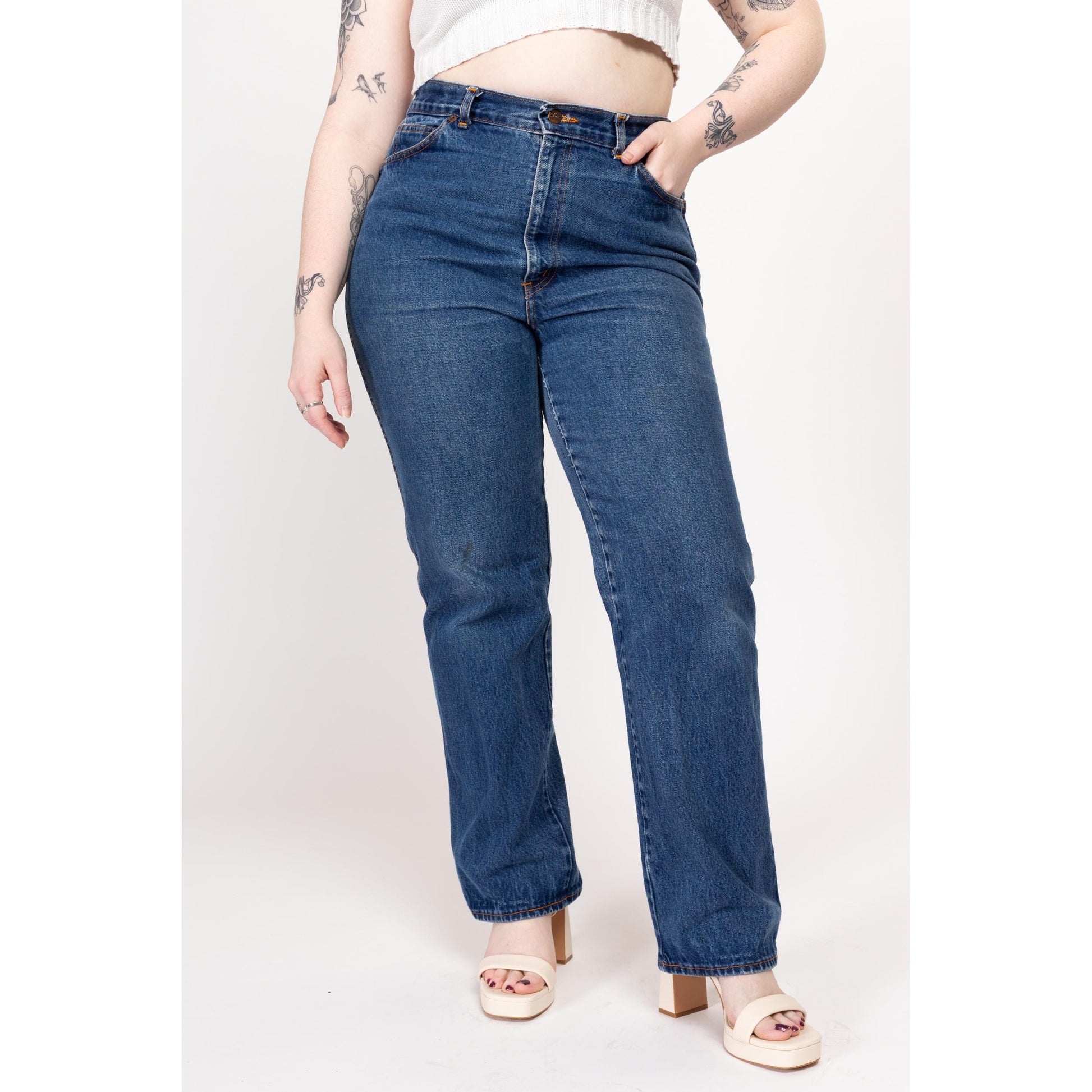 XL 70s Chic By H.I.S. High Waisted Western Yoke Jeans 34” | Vintage Medium Wash Denim Straight Leg Mom Jeans