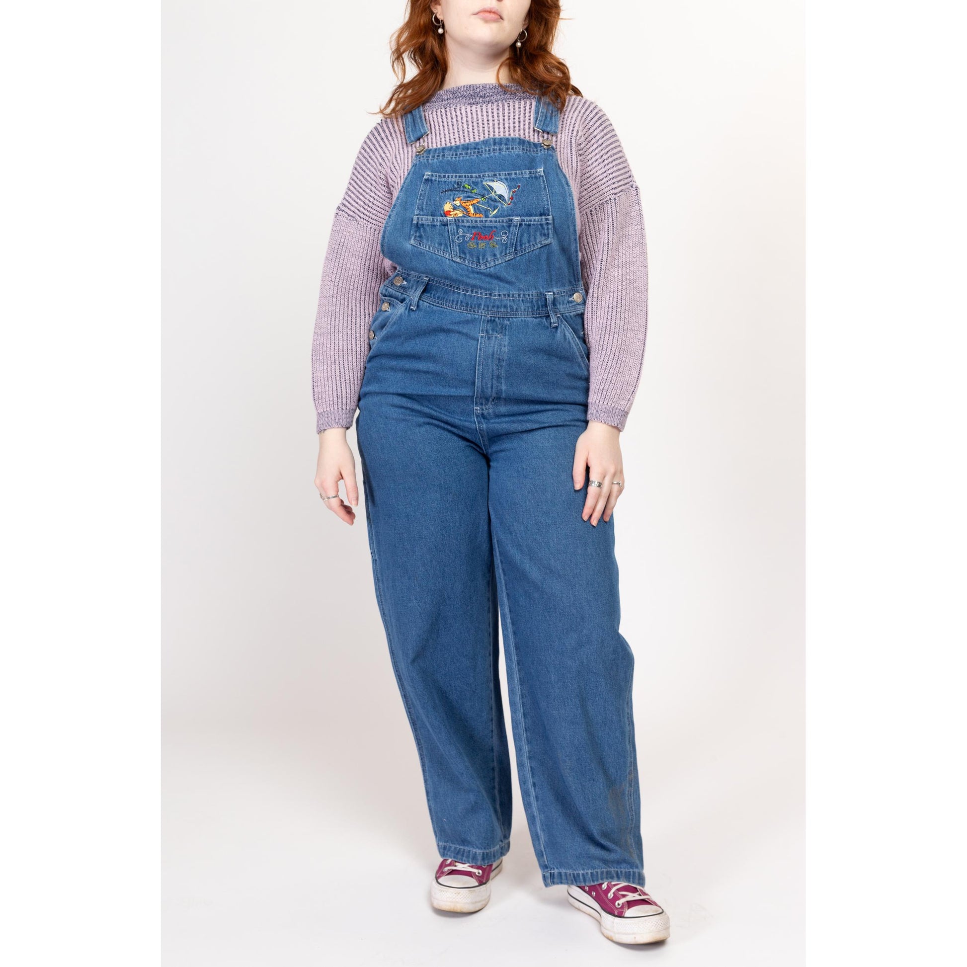 Large 90s Winnie The Pooh Denim Overalls | Vintage Disney Cartoon Blue Jean Overall Pants