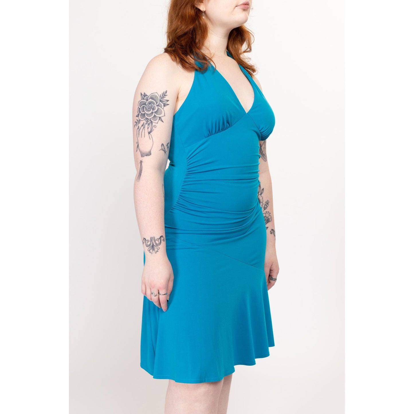 Medium 90s Blue Ruched Halter Party Dress | Vintage City Triangles Sleeveless Sexy Slinky Knee Length Dress