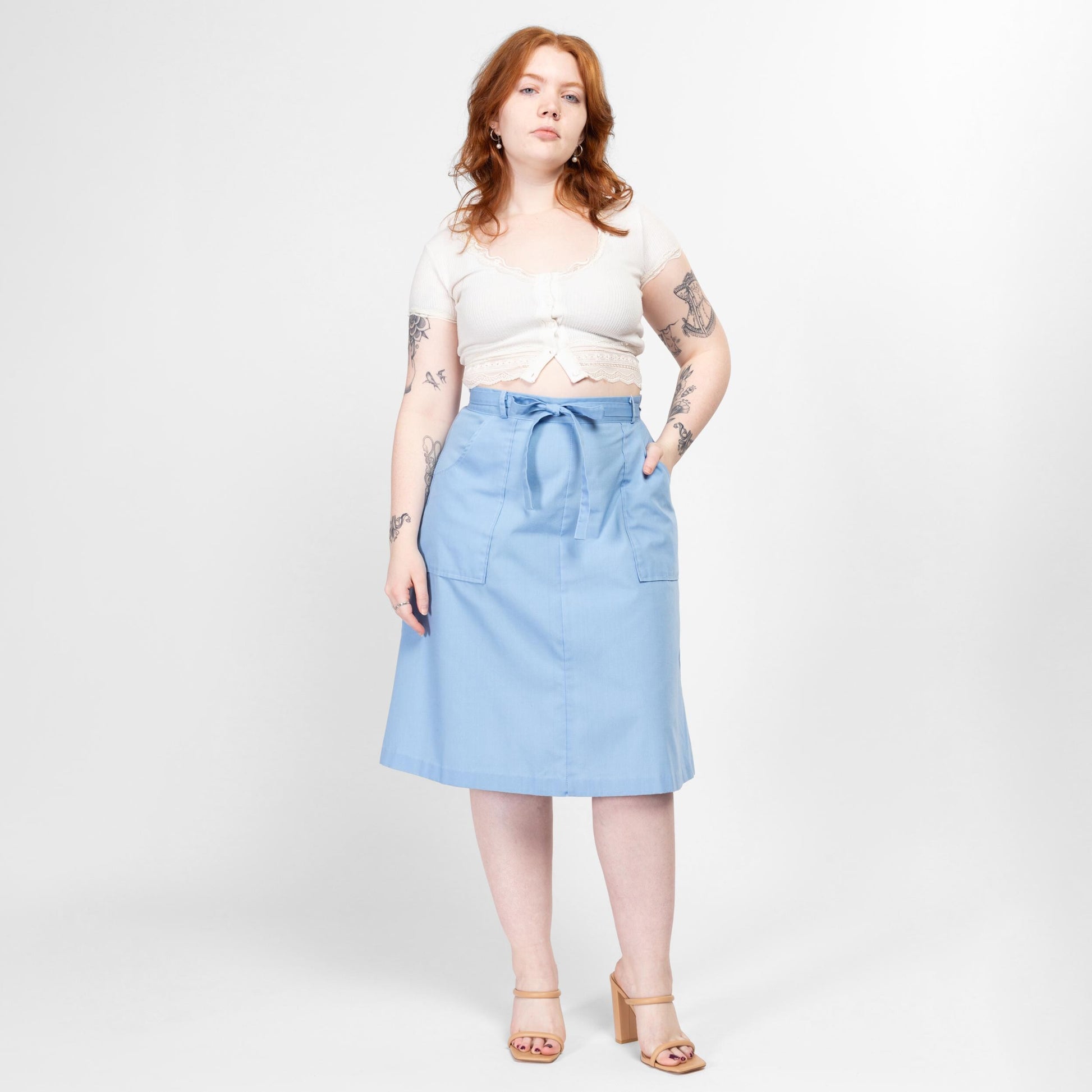 Medium 70s Sky Blue Midi Wrap Skirt 30” | Vintage A Line High Waist Retro Pocket Skirt