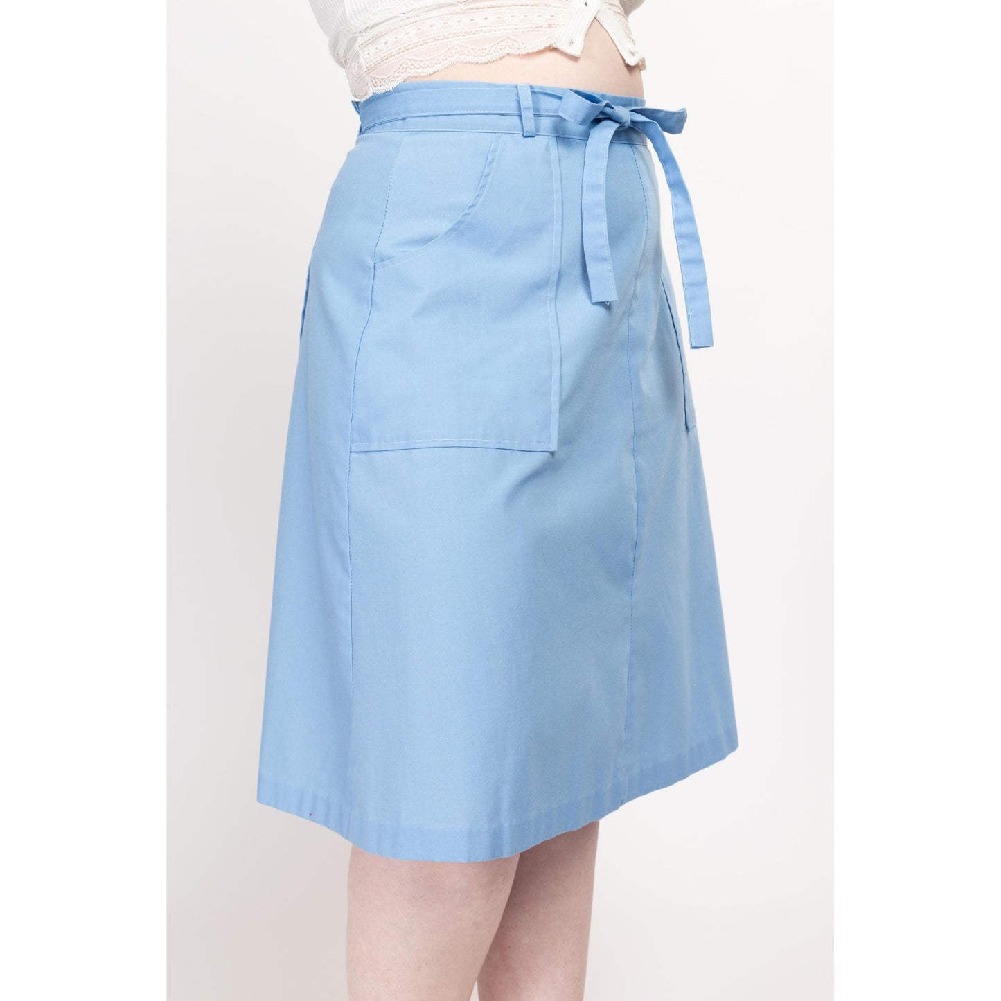 Medium 70s Sky Blue Midi Wrap Skirt 30” | Vintage A Line High Waist Retro Pocket Skirt