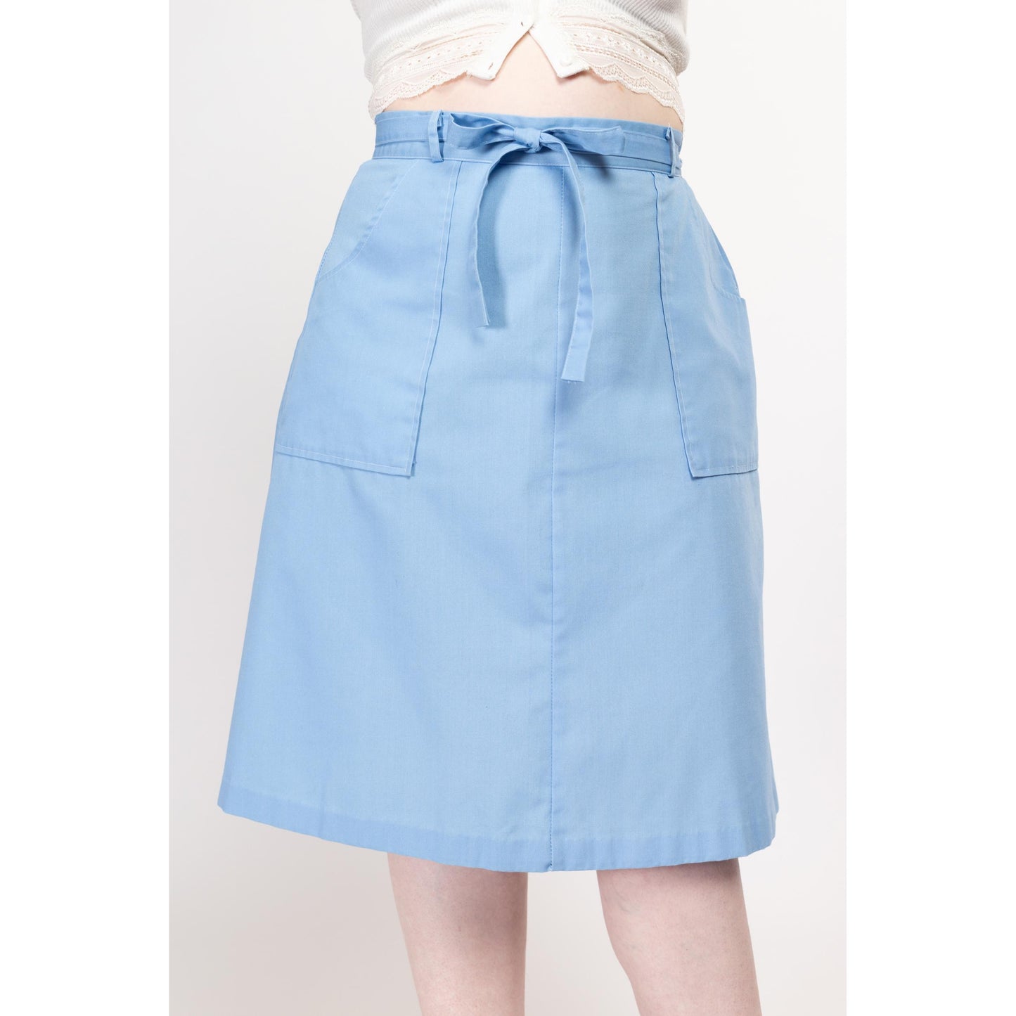 Medium 70s Sky Blue Midi Wrap Skirt 30” | Vintage A Line High Waist Retro Pocket Skirt