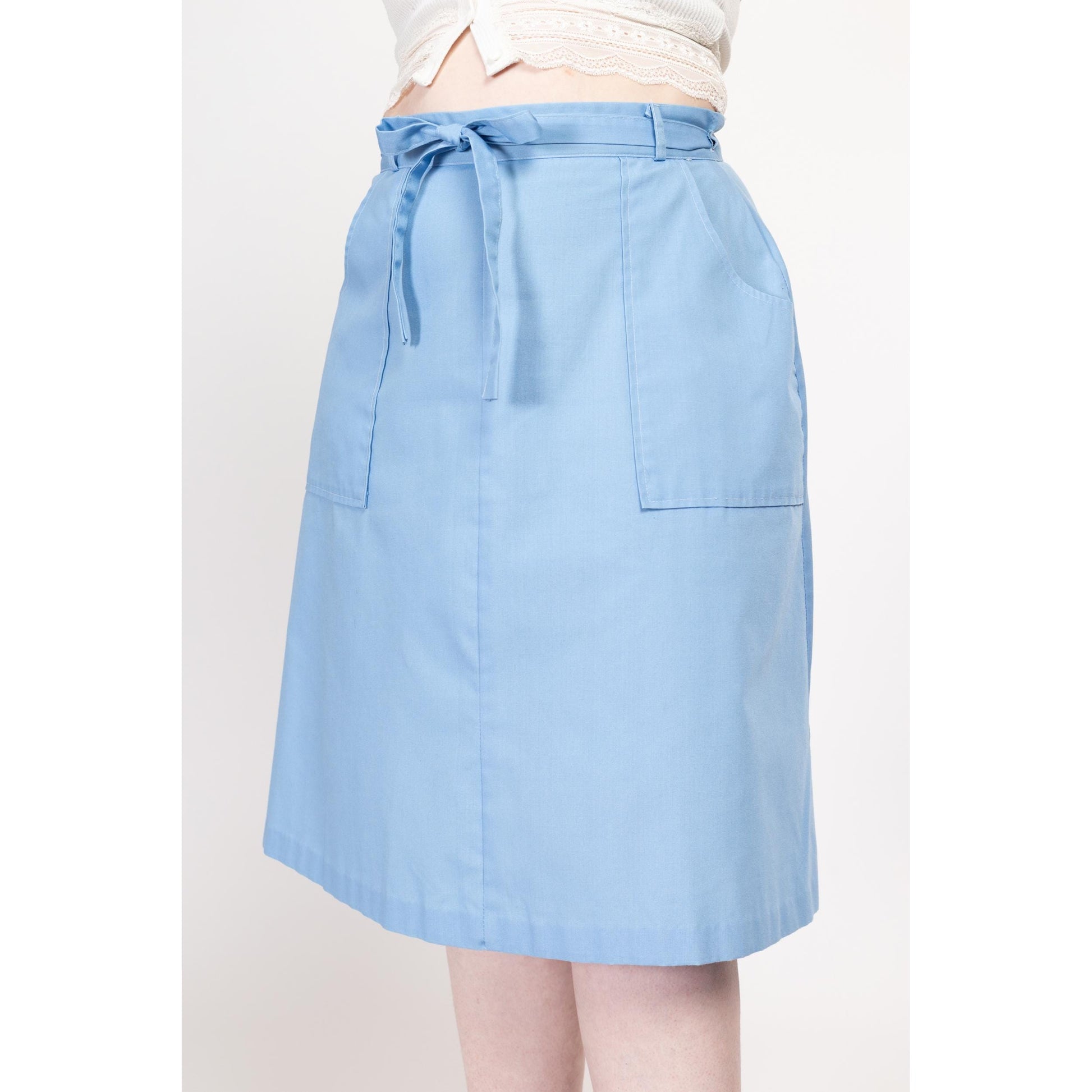 Medium 70s Sky Blue Midi Wrap Skirt 30” | Vintage A Line High Waist Retro Pocket Skirt