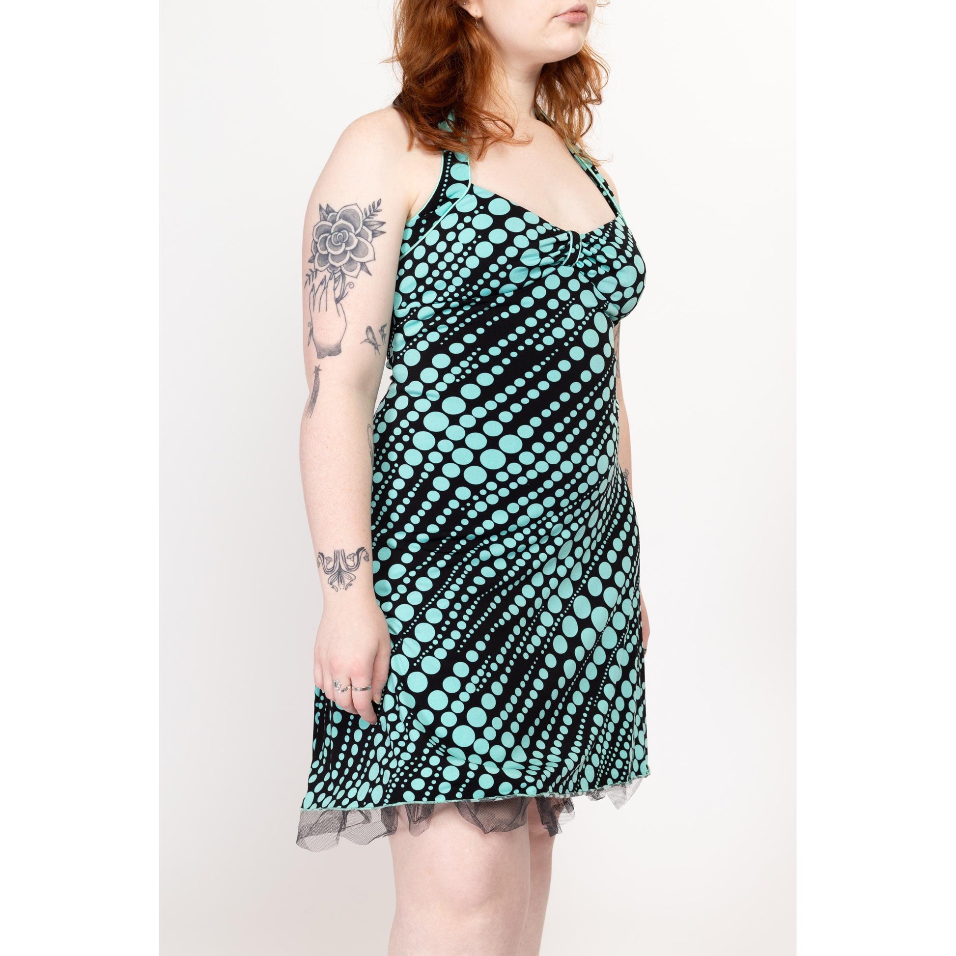 Large 90s Pinup Polka Dot Halter Dress | Vintage Black & Aqua Blue Rockabilly Mini Party Dress