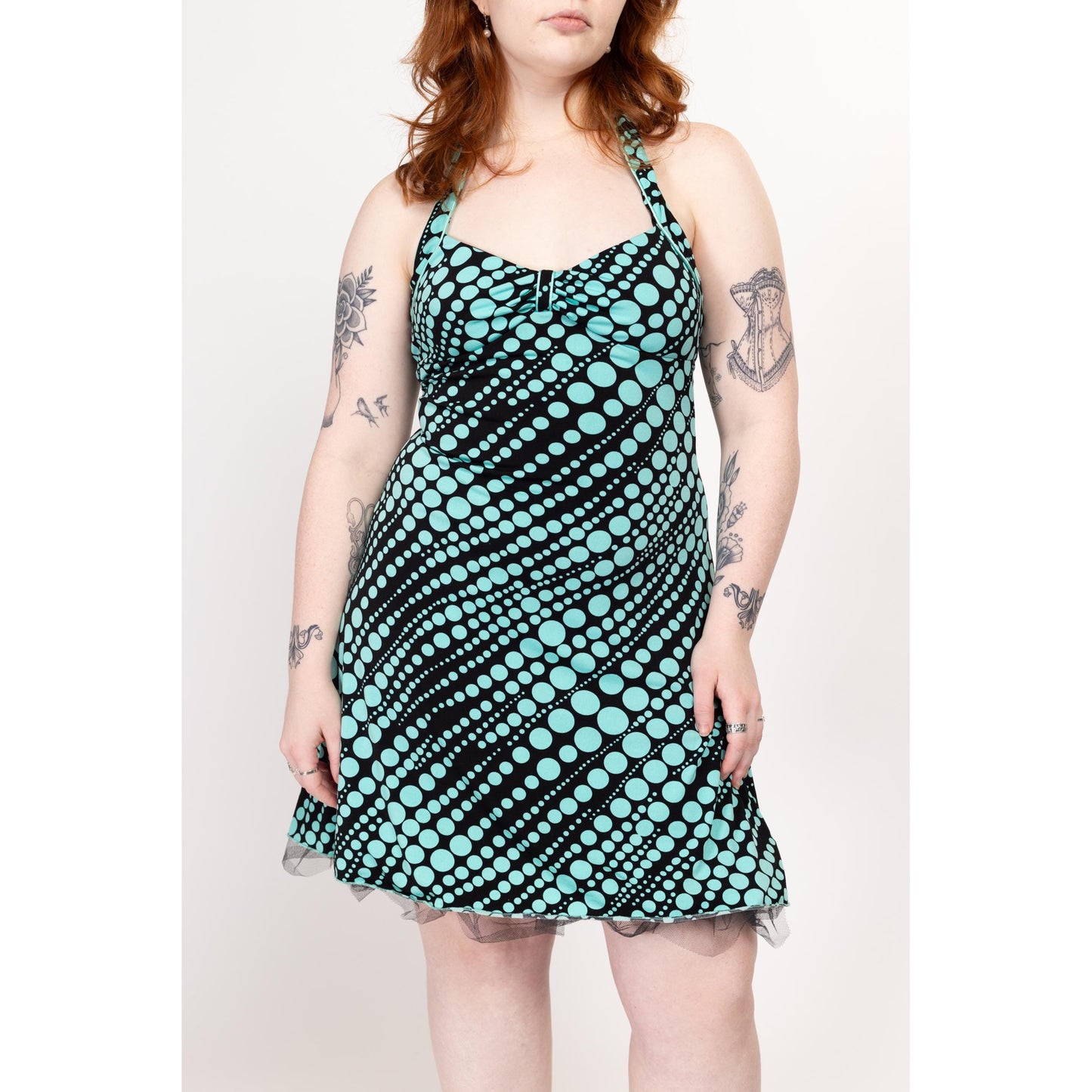 Large 90s Pinup Polka Dot Halter Dress | Vintage Black & Aqua Blue Rockabilly Mini Party Dress