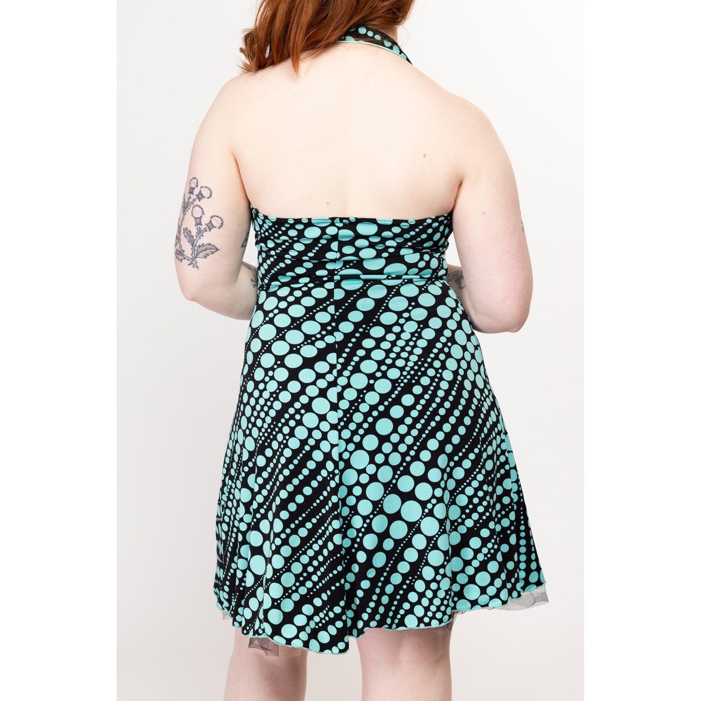 Large 90s Pinup Polka Dot Halter Dress | Vintage Black & Aqua Blue Rockabilly Mini Party Dress