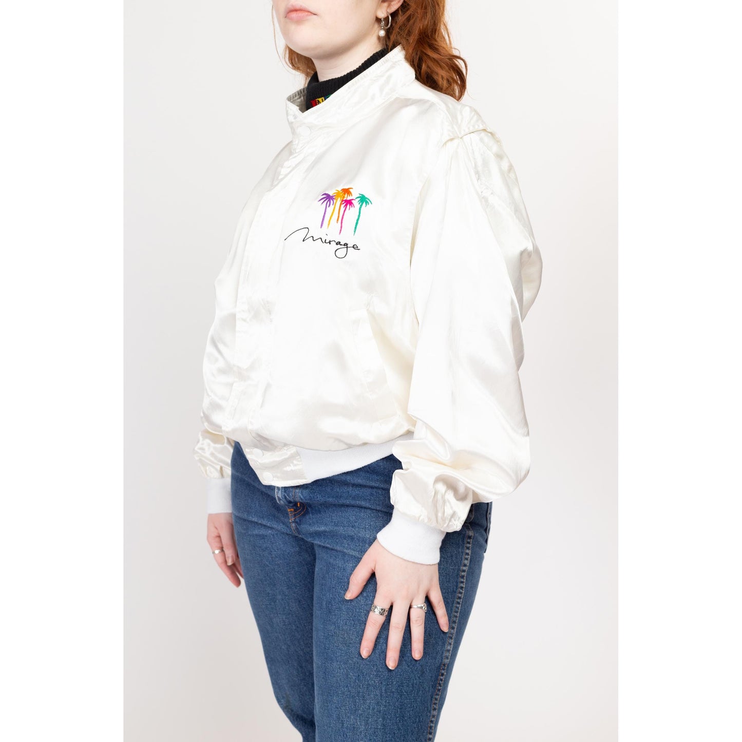 Lrg-XL 80s Mirage Las Vegas White Satin Bomber Jacket | Vintage Zip Up Embroidered Graphic Lightweight Cafe Racer Windbreaker