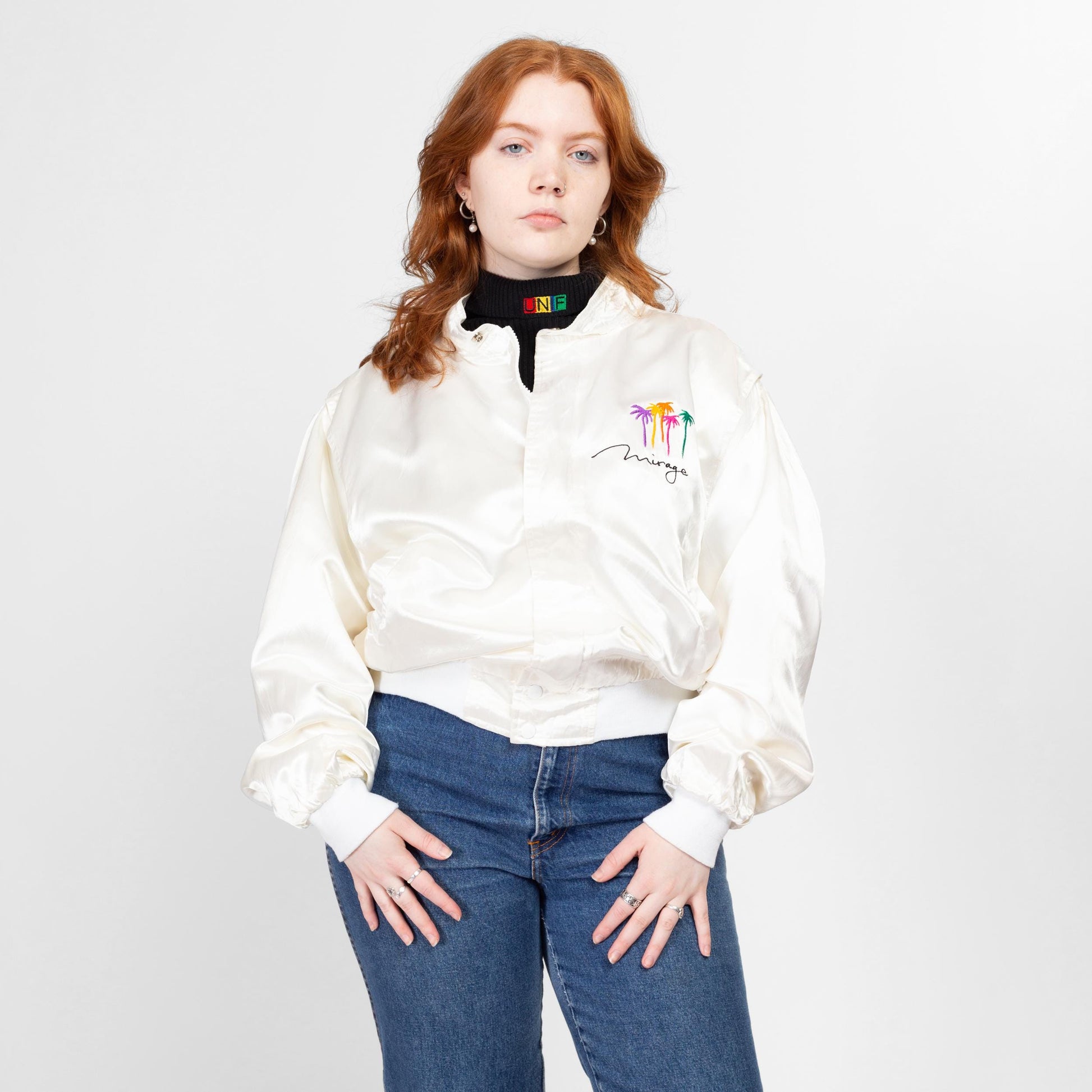 Lrg-XL 80s Mirage Las Vegas White Satin Bomber Jacket | Vintage Zip Up Embroidered Graphic Lightweight Cafe Racer Windbreaker