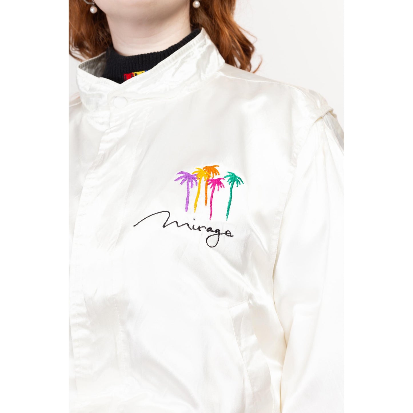 Lrg-XL 80s Mirage Las Vegas White Satin Bomber Jacket | Vintage Zip Up Embroidered Graphic Lightweight Cafe Racer Windbreaker