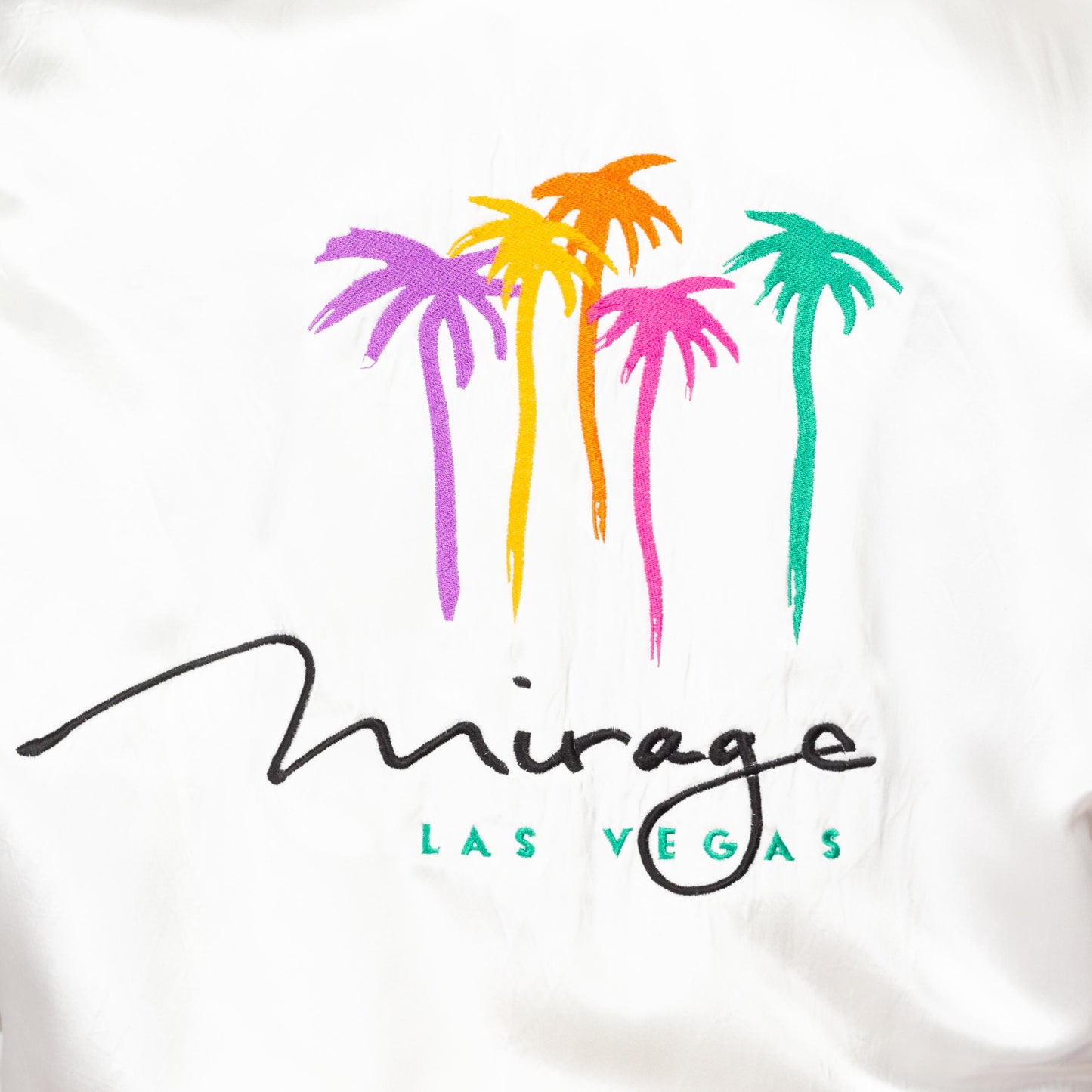 Lrg-XL 80s Mirage Las Vegas White Satin Bomber Jacket | Vintage Zip Up Embroidered Graphic Lightweight Cafe Racer Windbreaker