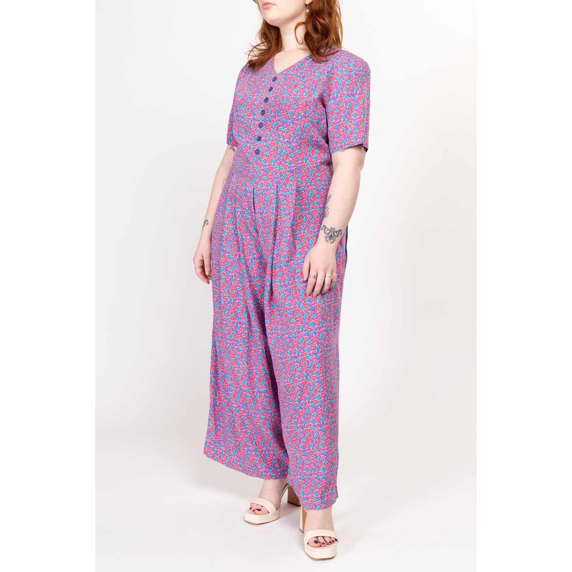 Large 90s Purple Cartoon Floral Wide Leg Jumpsuit | Vintage Short Sleeve Pleated Grunge Pantsuit