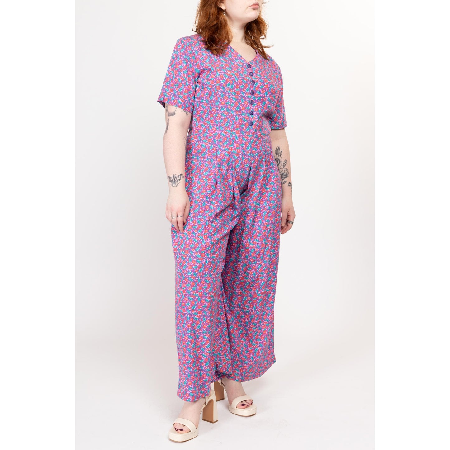 Large 90s Purple Cartoon Floral Wide Leg Jumpsuit | Vintage Short Sleeve Pleated Grunge Pantsuit