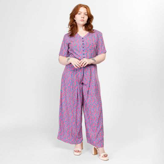 Large 90s Purple Cartoon Floral Wide Leg Jumpsuit | Vintage Short Sleeve Pleated Grunge Pantsuit