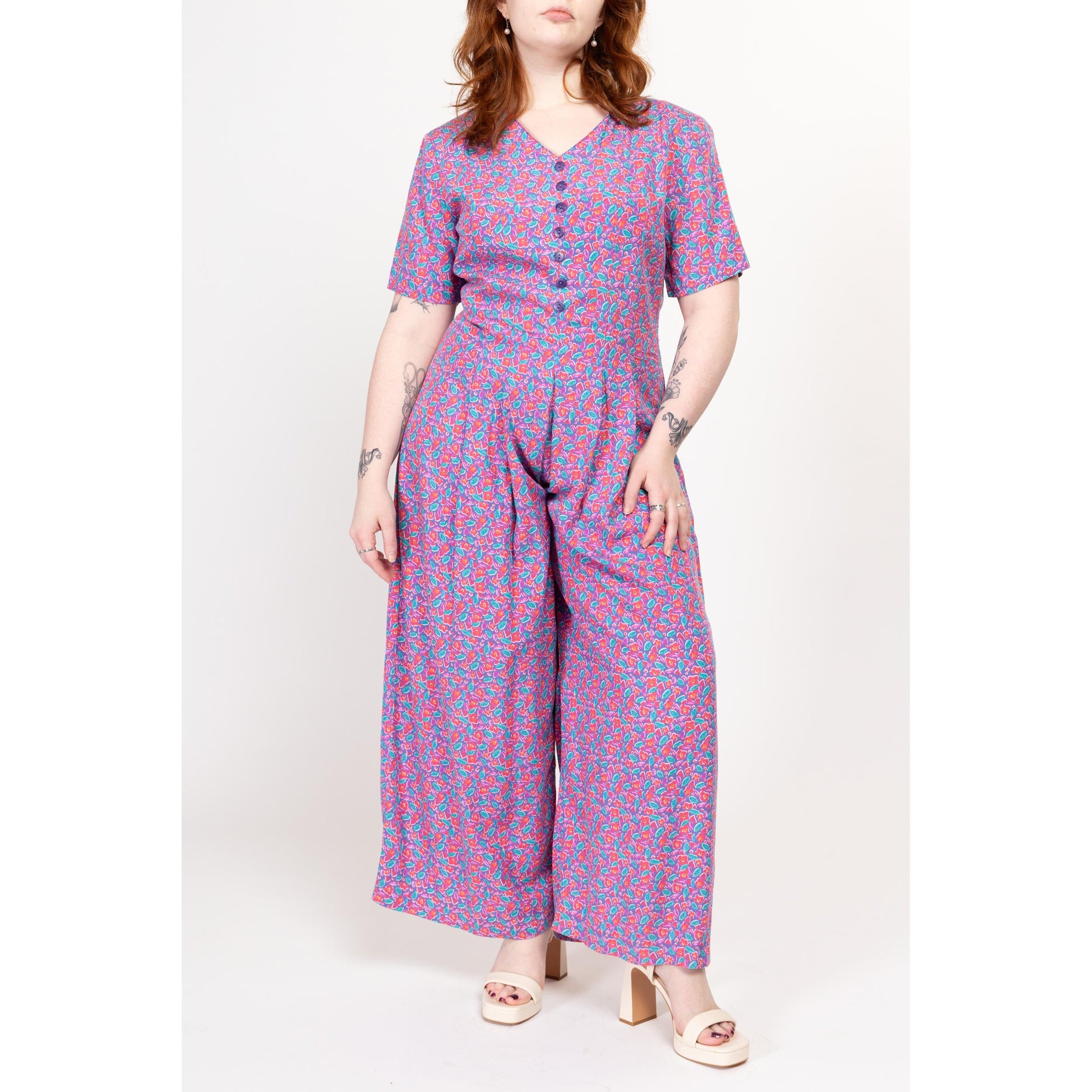 Large 90s Purple Cartoon Floral Wide Leg Jumpsuit | Vintage Short Sleeve Pleated Grunge Pantsuit