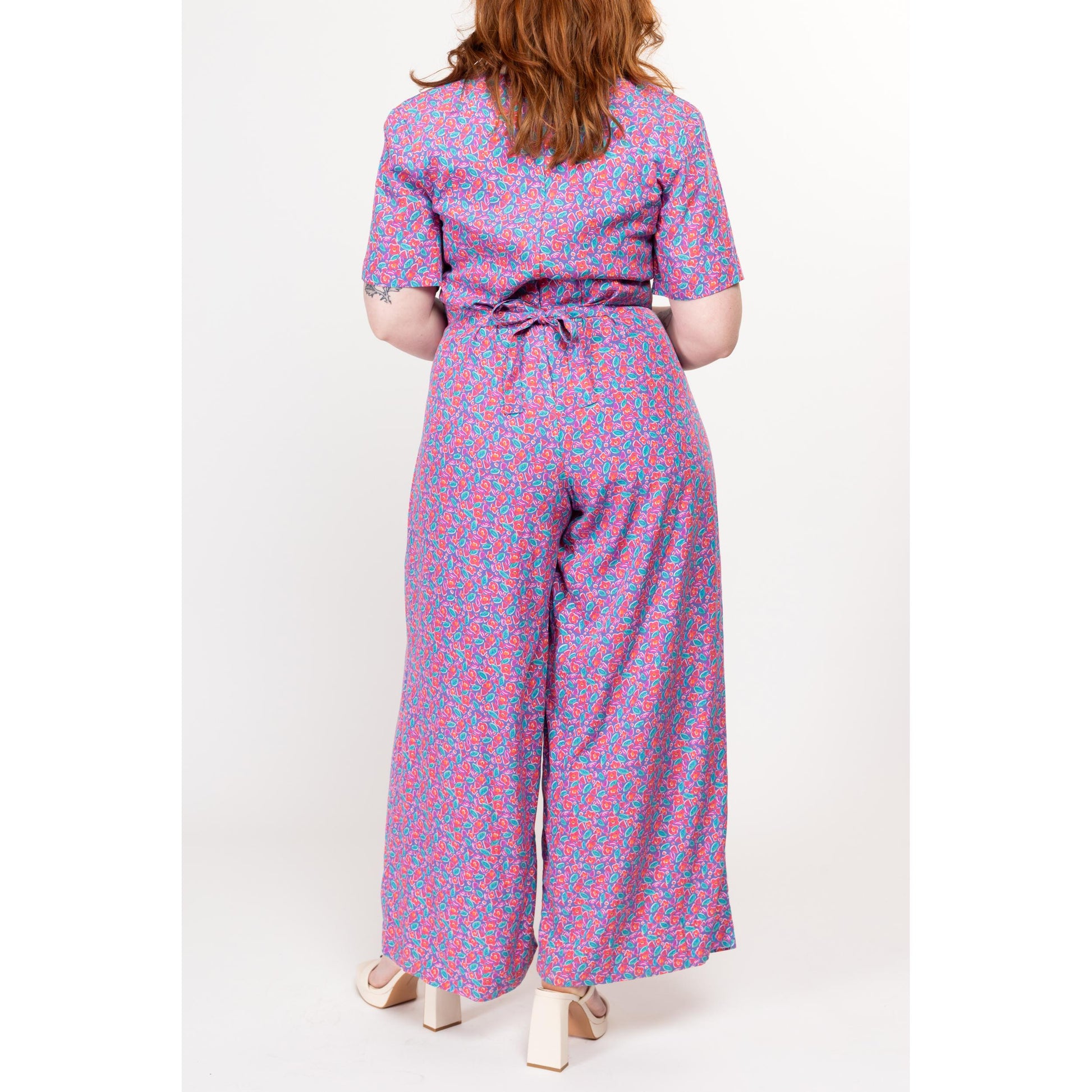 Large 90s Purple Cartoon Floral Wide Leg Jumpsuit | Vintage Short Sleeve Pleated Grunge Pantsuit