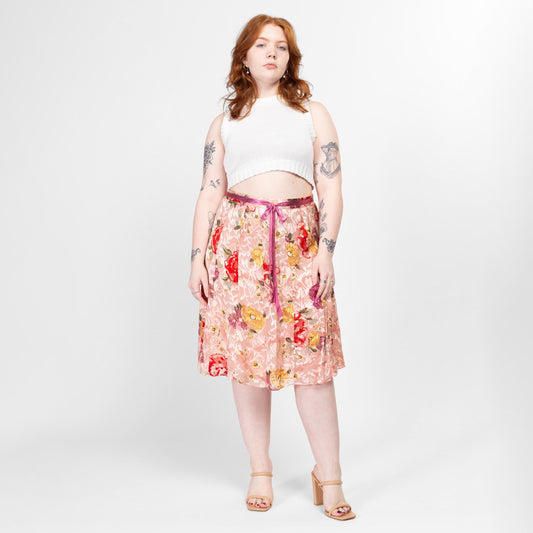 Large 90s Pink Floral Silk Burnout Midi Skirt 34” | Girly Vintage Mid Rise Flowy Silk Skirt