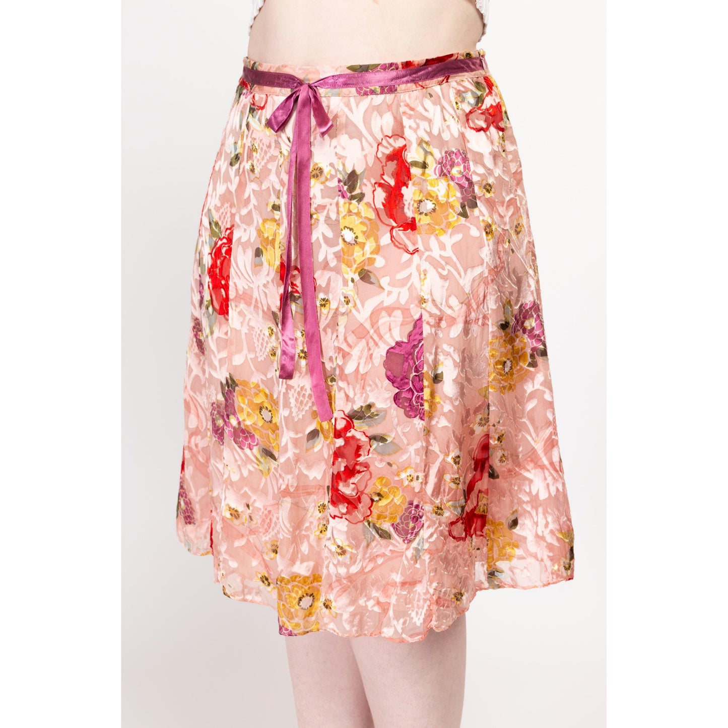 Large 90s Pink Floral Silk Burnout Midi Skirt 34” | Girly Vintage Mid Rise Flowy Silk Skirt