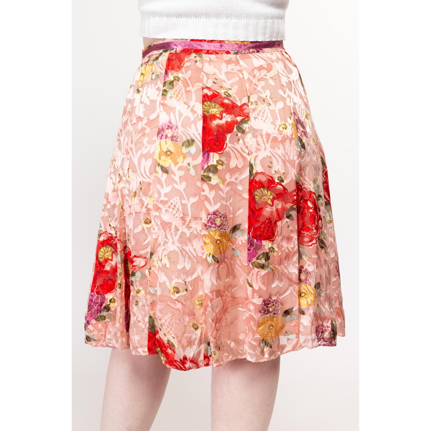 Large 90s Pink Floral Silk Burnout Midi Skirt 34” | Girly Vintage Mid Rise Flowy Silk Skirt