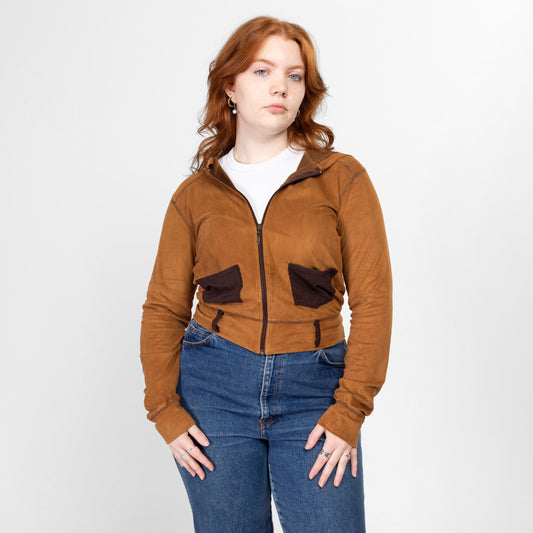 Large Y2K Bebe Cocoa Brown Ultrasuede Cropped Zip Up Jacket | Vintage Lightweight Hooded Crop Top