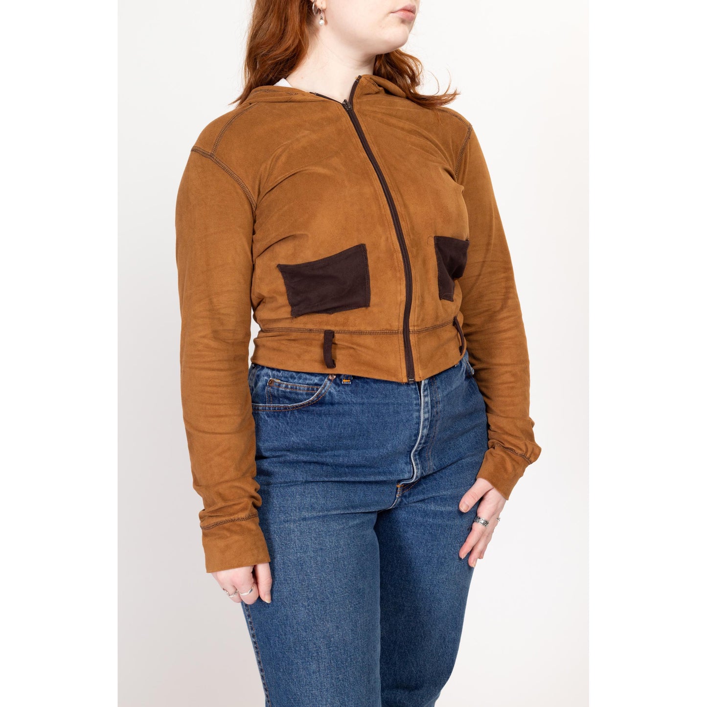 Large Y2K Bebe Cocoa Brown Ultrasuede Cropped Zip Up Jacket | Vintage Lightweight Hooded Crop Top