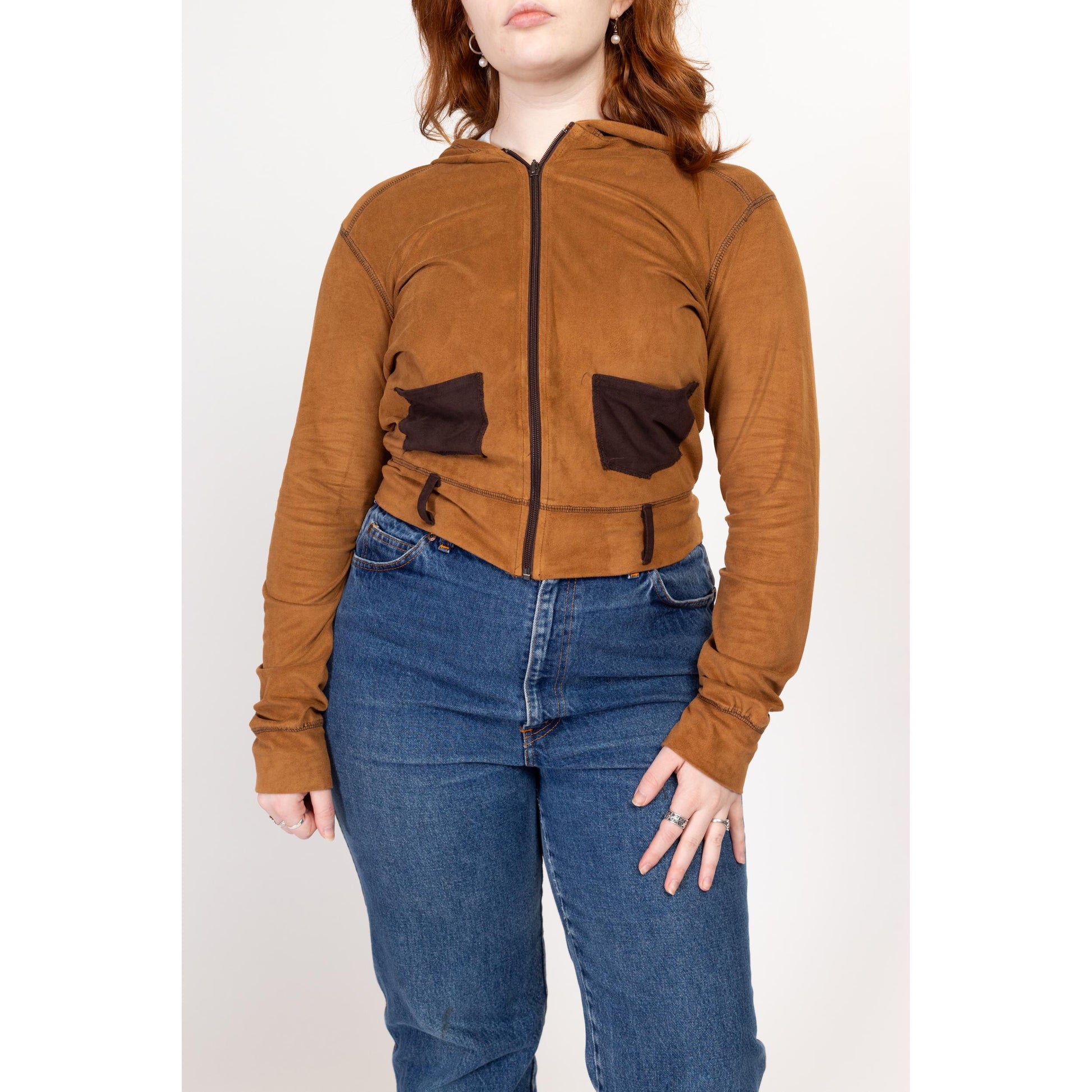 Large Y2K Bebe Cocoa Brown Ultrasuede Cropped Zip Up Jacket | Vintage Lightweight Hooded Crop Top