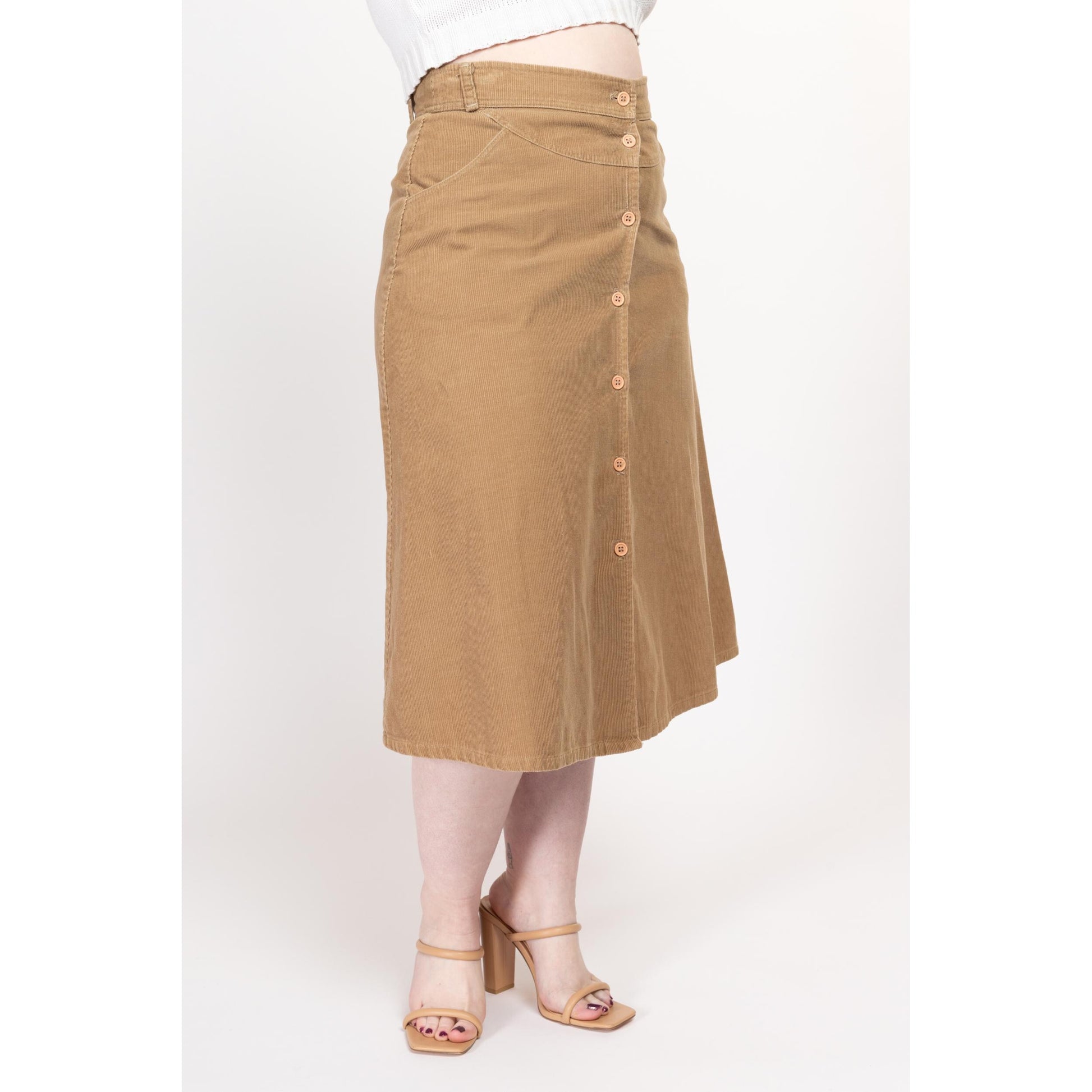 Large 70s Madewell Tan Corduroy Midi Skirt 32” | Vintage High Waisted Button Up A Line Retro Pocket Skirt