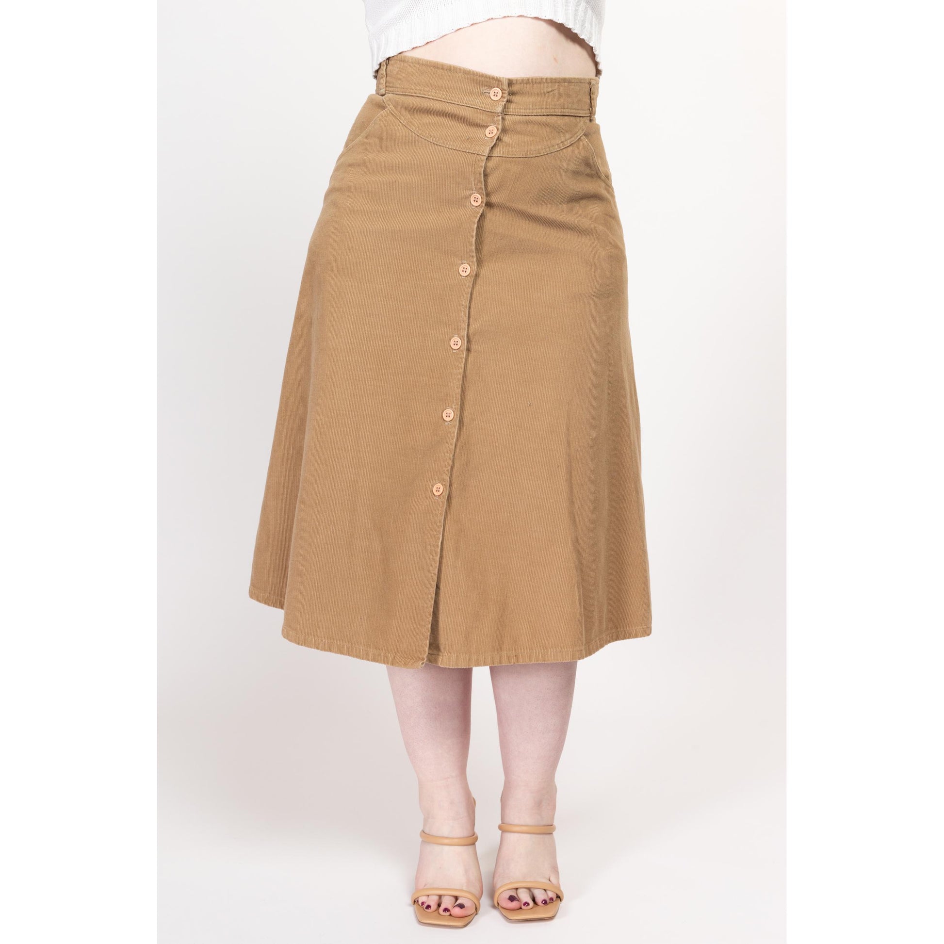 Large 70s Madewell Tan Corduroy Midi Skirt 32” | Vintage High Waisted Button Up A Line Retro Pocket Skirt