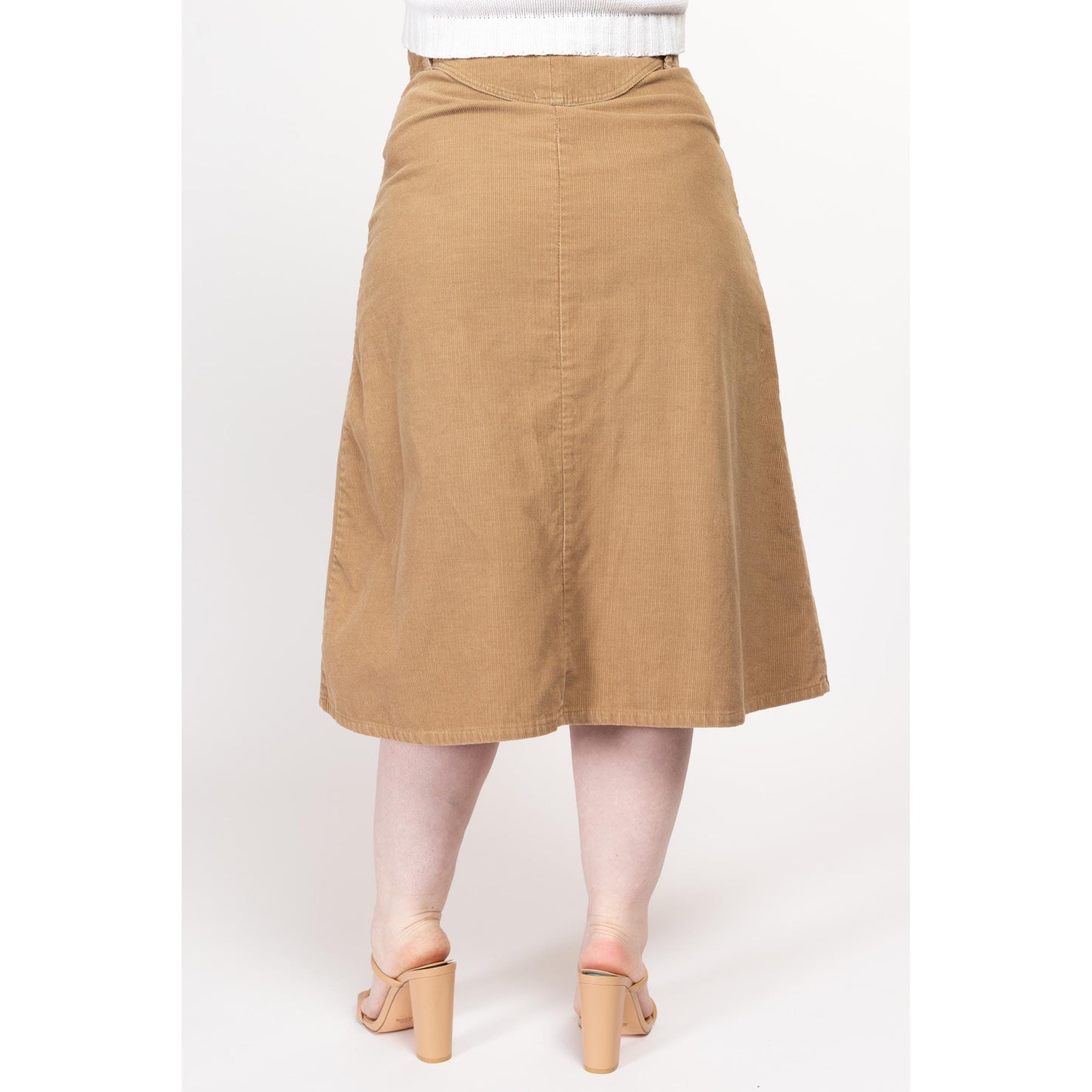 Large 70s Madewell Tan Corduroy Midi Skirt 32” | Vintage High Waisted Button Up A Line Retro Pocket Skirt