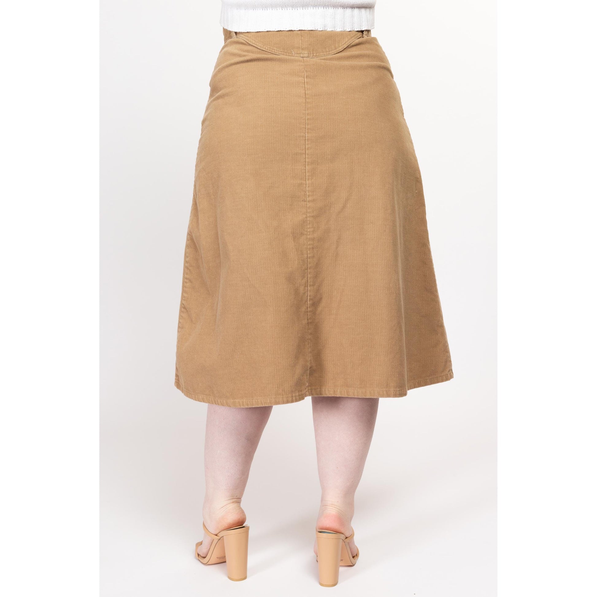 Large 70s Madewell Tan Corduroy Midi Skirt 32” | Vintage High Waisted Button Up A Line Retro Pocket Skirt