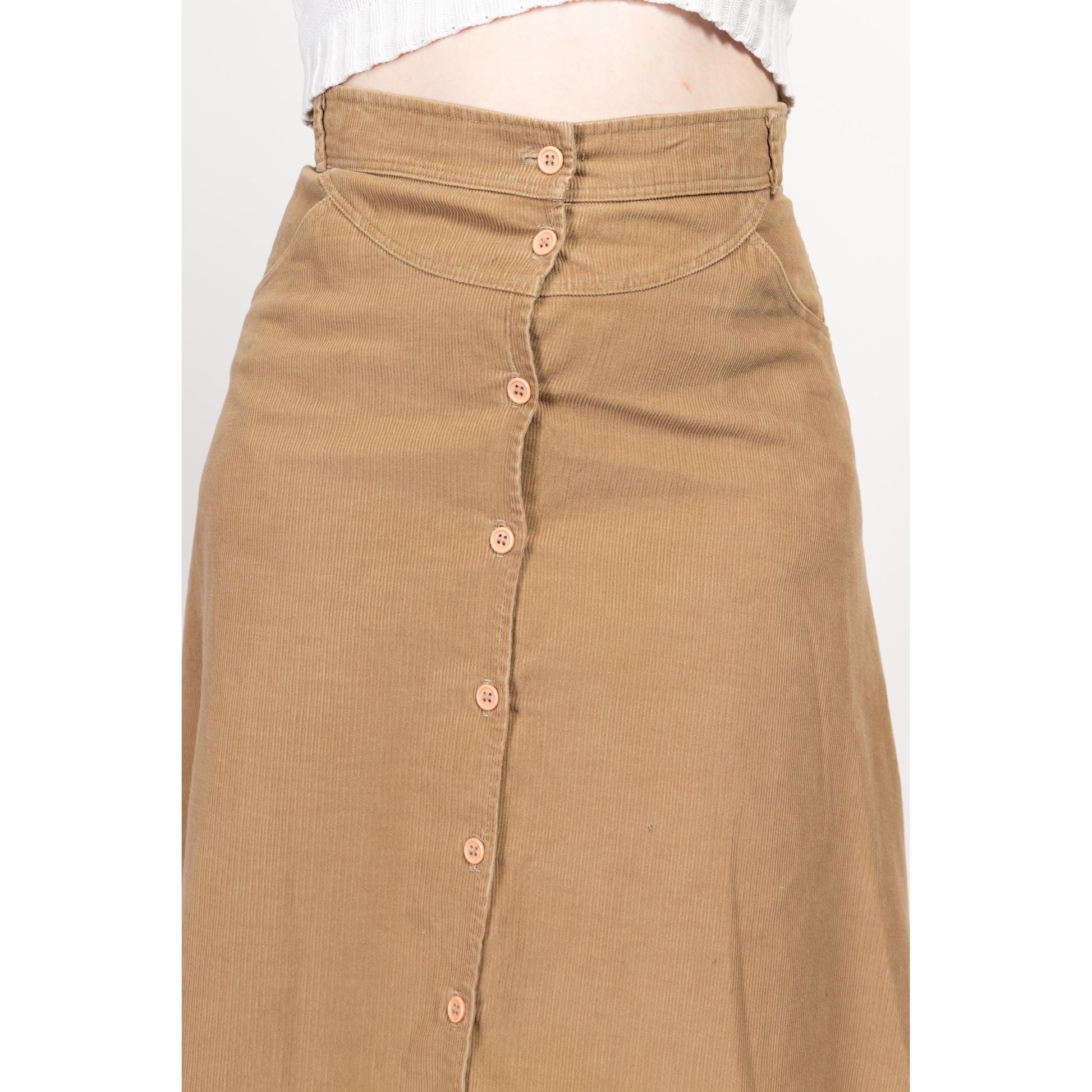 Large 70s Madewell Tan Corduroy Midi Skirt 32” | Vintage High Waisted Button Up A Line Retro Pocket Skirt