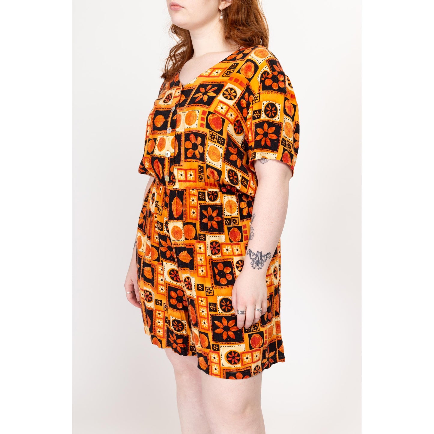 XL 80s Floral Block Print Wide Leg Romper | Vintage Orange & Black Short Sleeve Button Up Playsuit