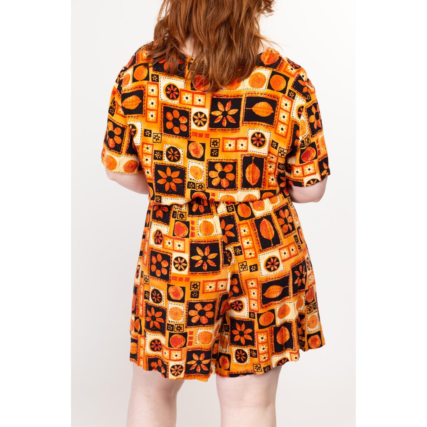 XL 80s Floral Block Print Wide Leg Romper | Vintage Orange & Black Short Sleeve Button Up Playsuit