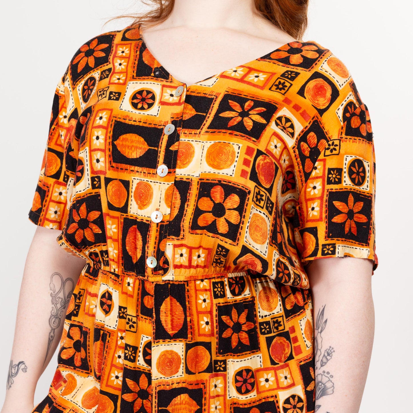 XL 80s Floral Block Print Wide Leg Romper | Vintage Orange & Black Short Sleeve Button Up Playsuit