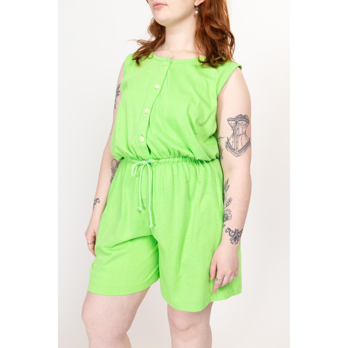 Large 90s Neon Green Lounge Romper | Vintage Colorful Button Up Sleeveless Playsuit