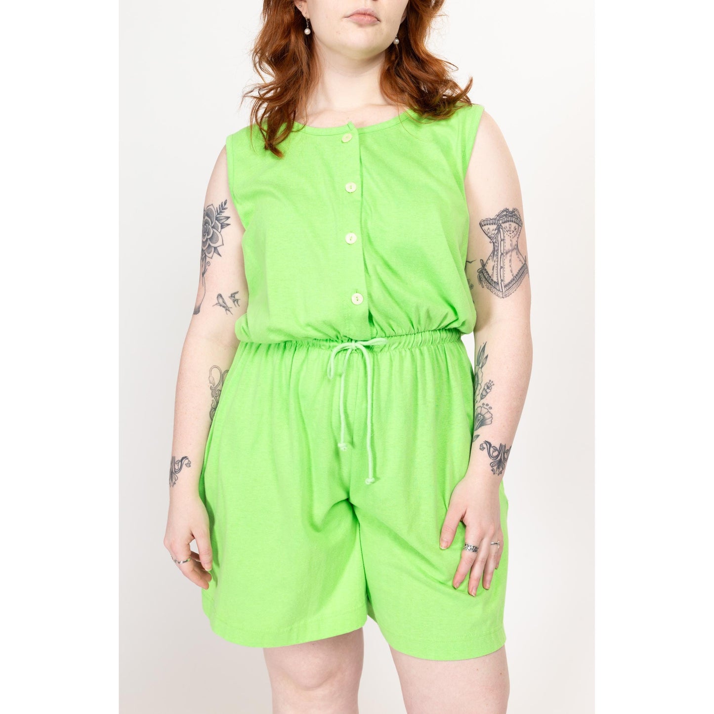 Large 90s Neon Green Lounge Romper | Vintage Colorful Button Up Sleeveless Playsuit