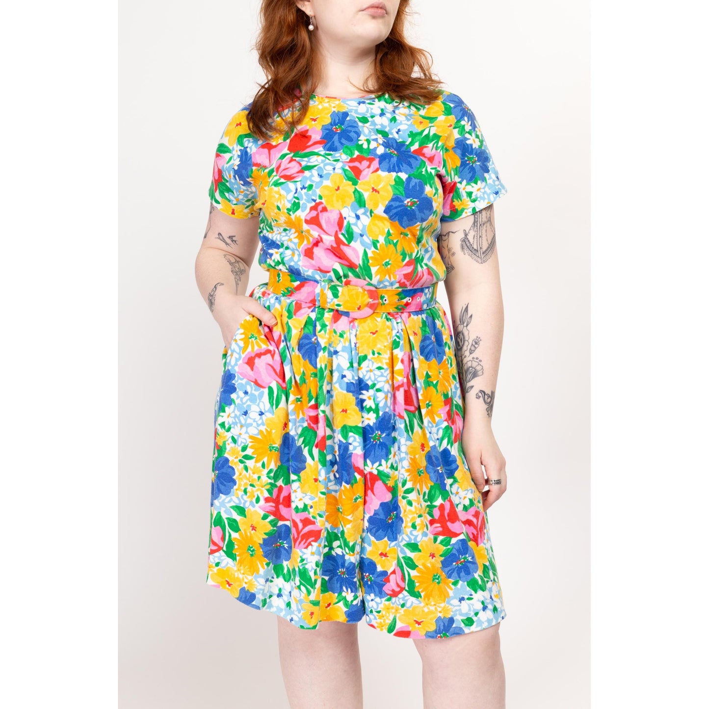 Medium 90s Colorful Floral Belted Lounge Romper | Vintage Short Sleeve Fitted Waist Wide Leg Playsuit