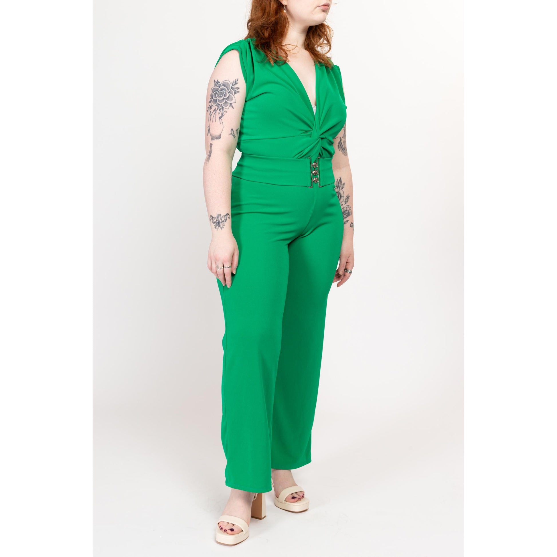 Medium Y2K Kelly Green Belted Jumpsuit | Vintage V Neck Sleeveless Straight Leg Retro Pantsuit