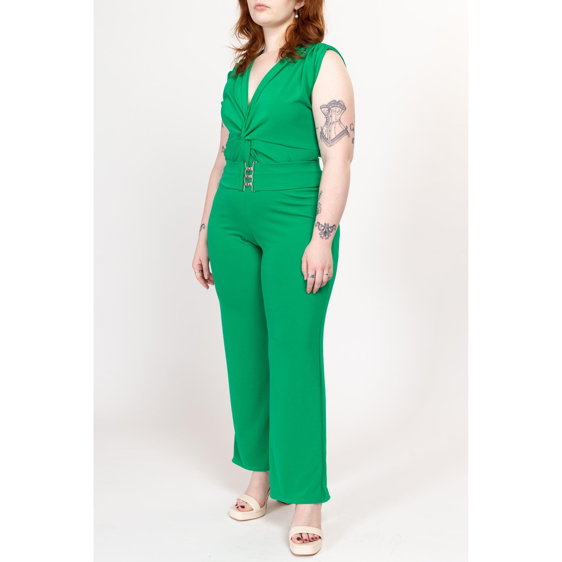 Medium Y2K Kelly Green Belted Jumpsuit | Vintage V Neck Sleeveless Straight Leg Retro Pantsuit