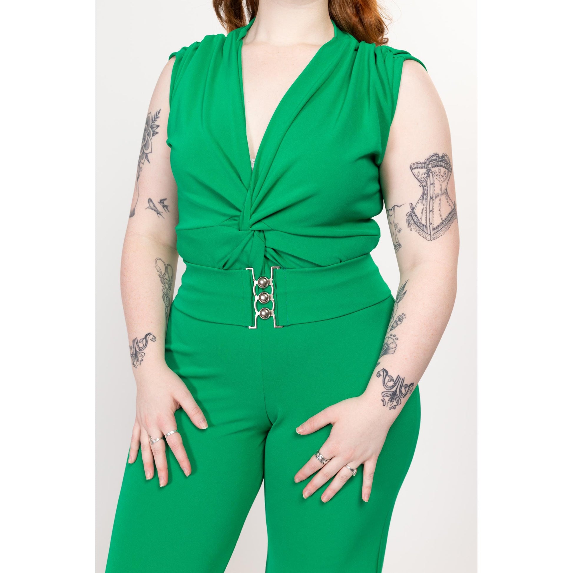 Medium Y2K Kelly Green Belted Jumpsuit | Vintage V Neck Sleeveless Straight Leg Retro Pantsuit