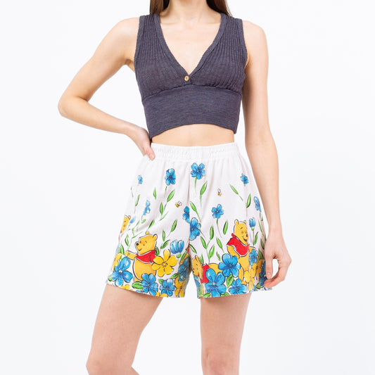 Sm-Med 90s Winnie The Pooh Cotton Lounge Shorts | Vintage Disney Cartoon White Floral High Waisted Shorts