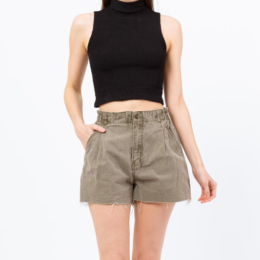 Medium 90s Olive Green Cut-Off Cotton Shorts 26"-29" | Vintage High Rise Elastic Waist Pleated Shorts