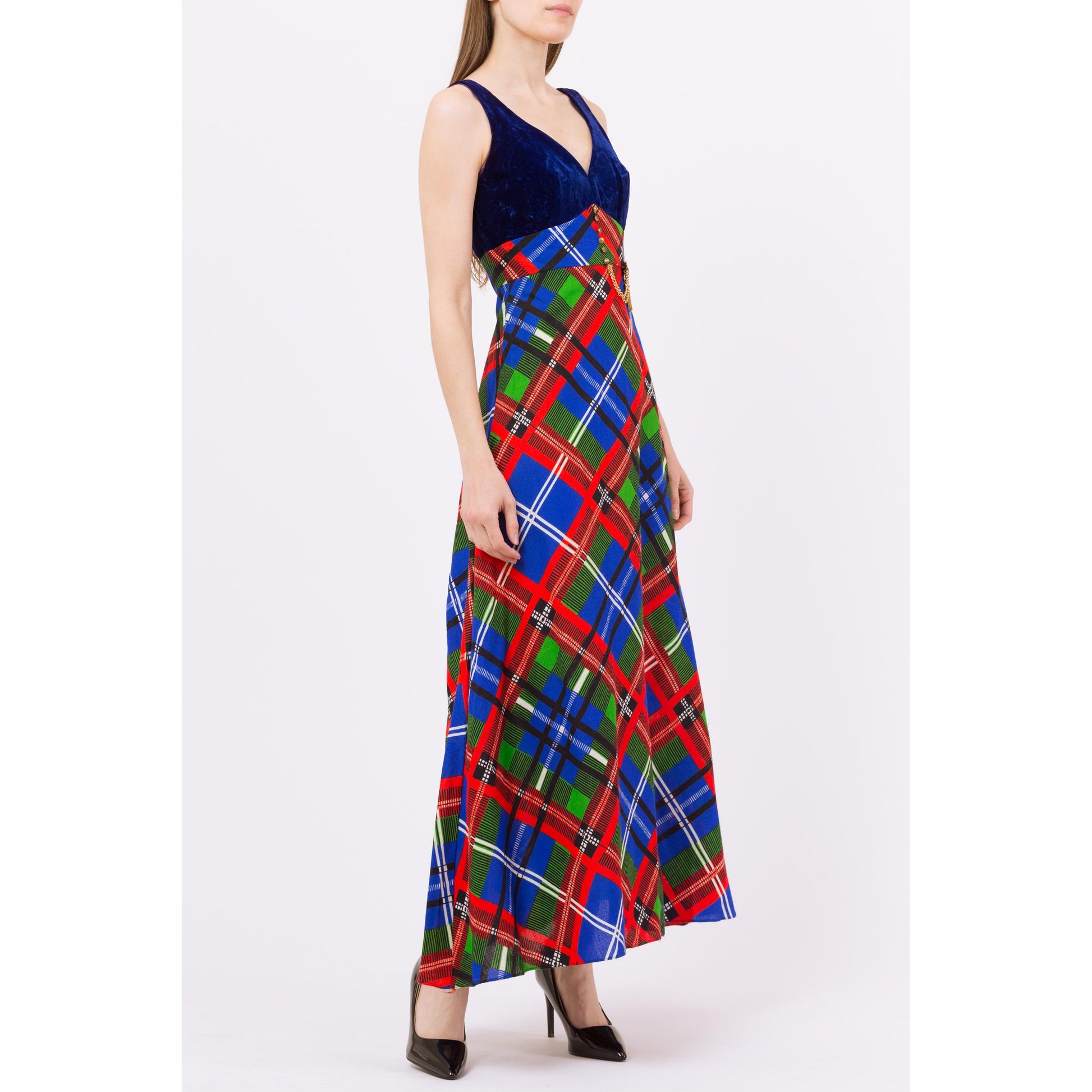 XS 70s Jewel Tone Velvet & Plaid Maxi Dress | Vintage Blue Green Red Sleeveless Retro Hostess Party Dress