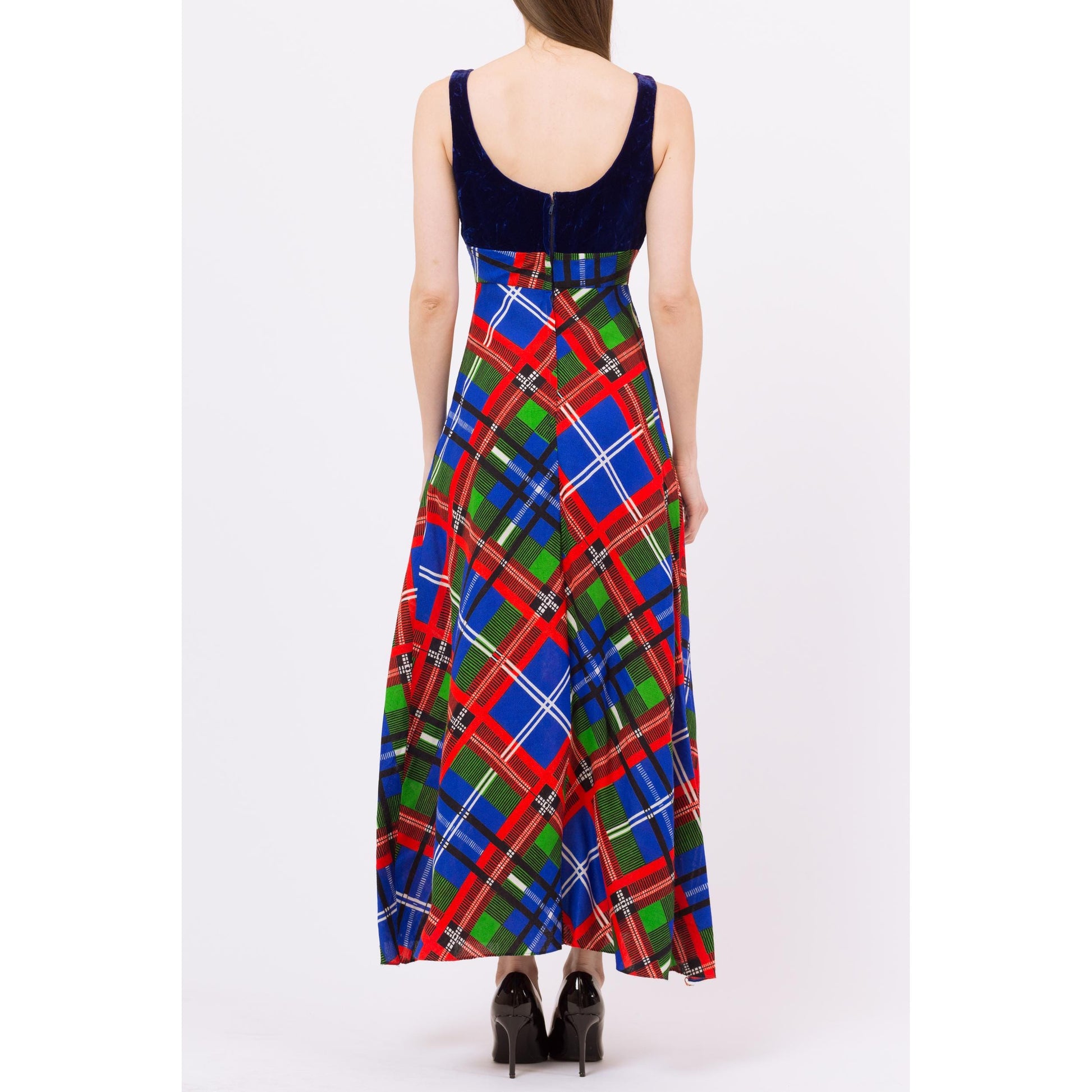 XS 70s Jewel Tone Velvet & Plaid Maxi Dress | Vintage Blue Green Red Sleeveless Retro Hostess Party Dress