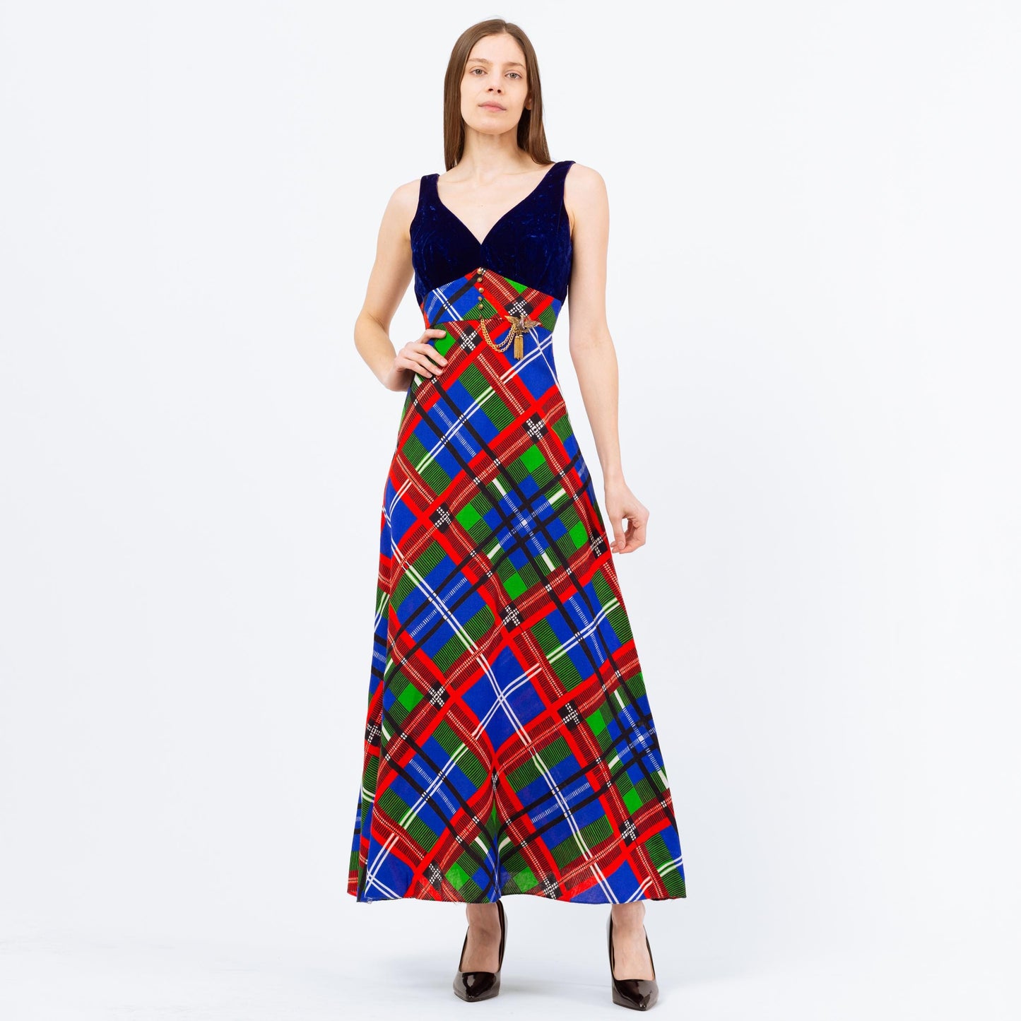 XS 70s Jewel Tone Velvet & Plaid Maxi Dress | Vintage Blue Green Red Sleeveless Retro Hostess Party Dress