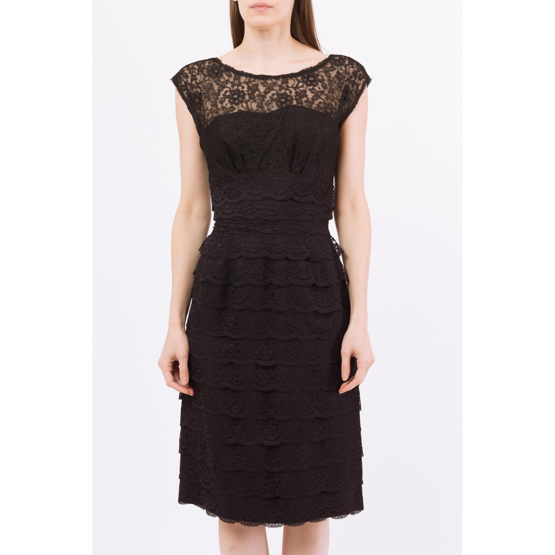 Medium 60s Black Lace Strapless Illusion Wiggle Dress | Vintage Sleeveless Sheath Midi Party Dress