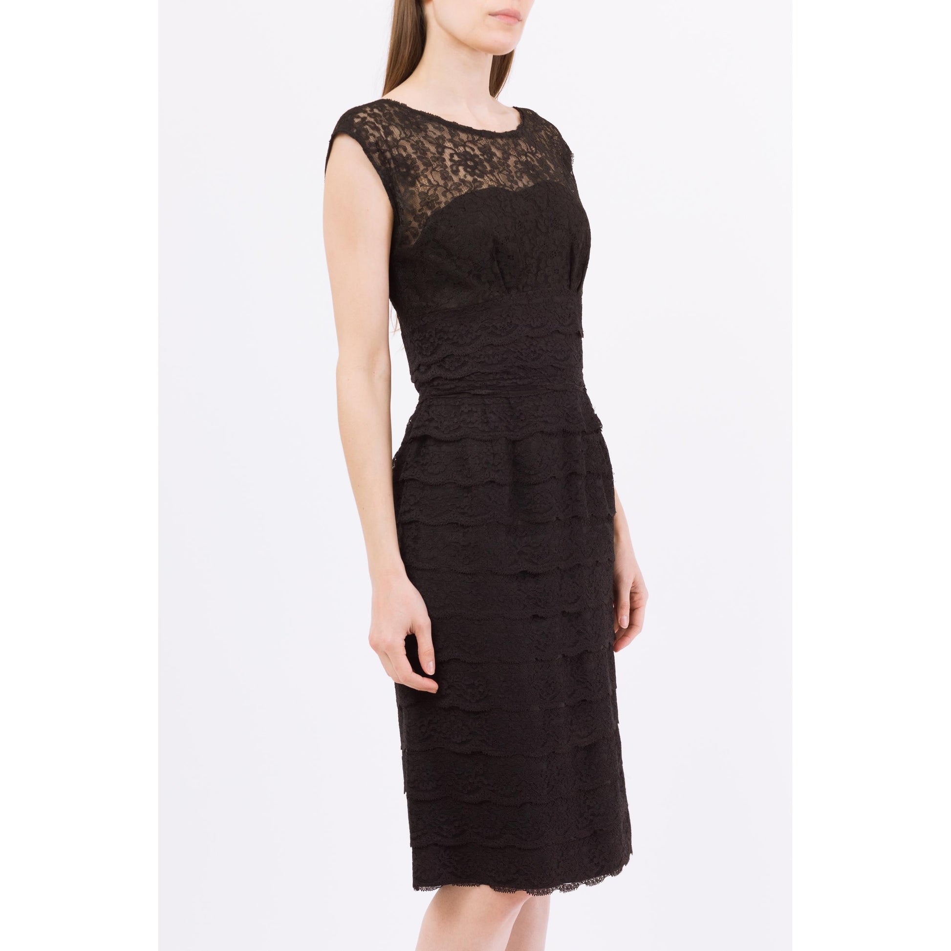 Medium 60s Black Lace Strapless Illusion Wiggle Dress | Vintage Sleeveless Sheath Midi Party Dress