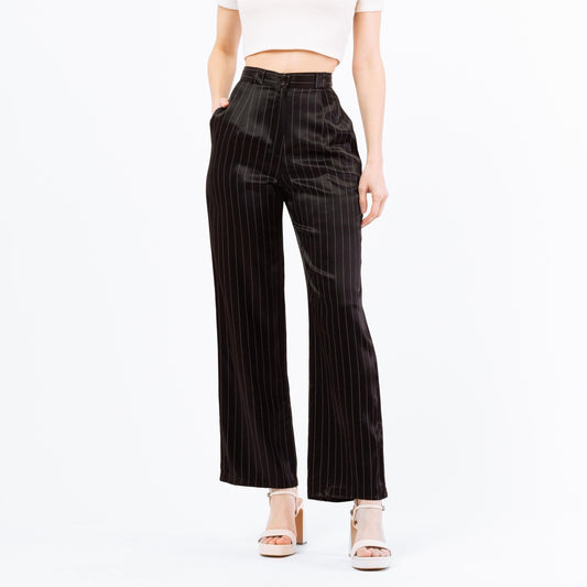 Small 90s Black Pinstriped Satin Straight Leg Trousers 27" | Retro Vintage High Waisted Striped Punk Pants