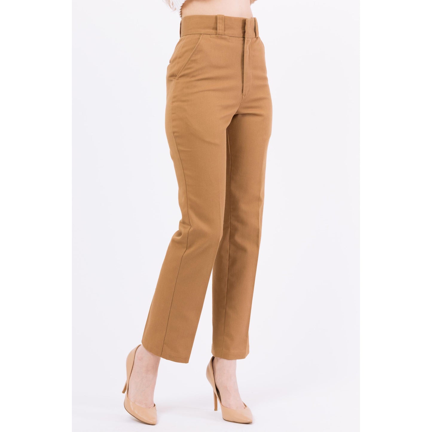 XS 70s Tan High Waisted Slim Leg Pants 25" | Retro Vintage US Fish & Wildlife Service Tapered Leg Trousers