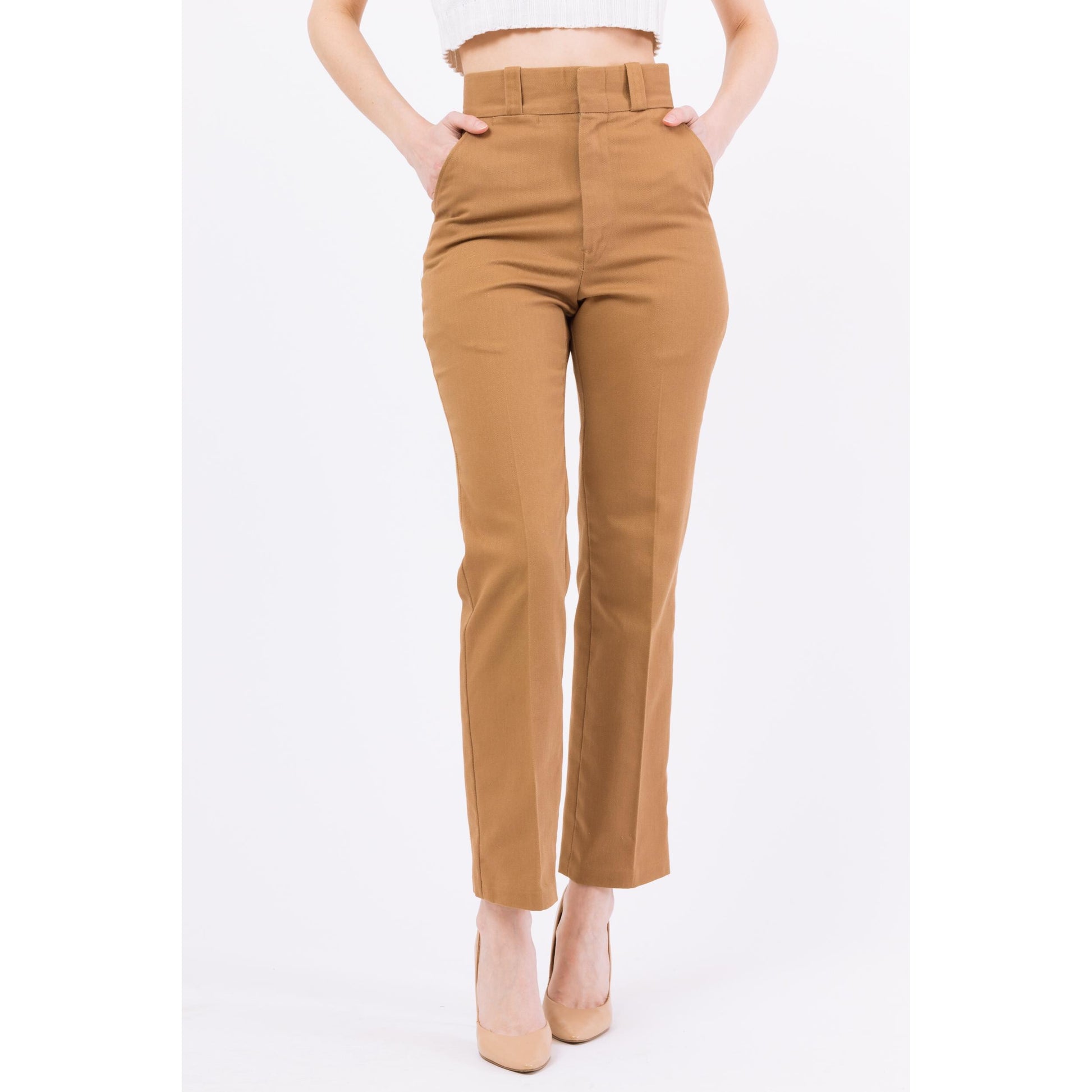 XS 70s Tan High Waisted Slim Leg Pants 25" | Retro Vintage US Fish & Wildlife Service Tapered Leg Trousers